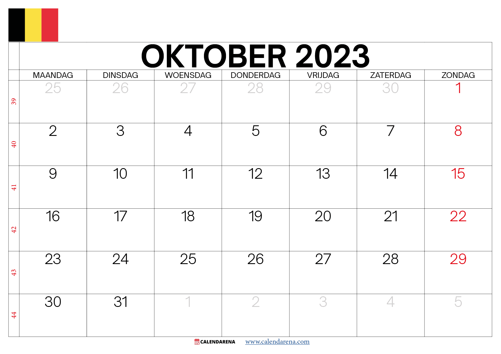 kalender Oktober 2023 met weeknummers belgië