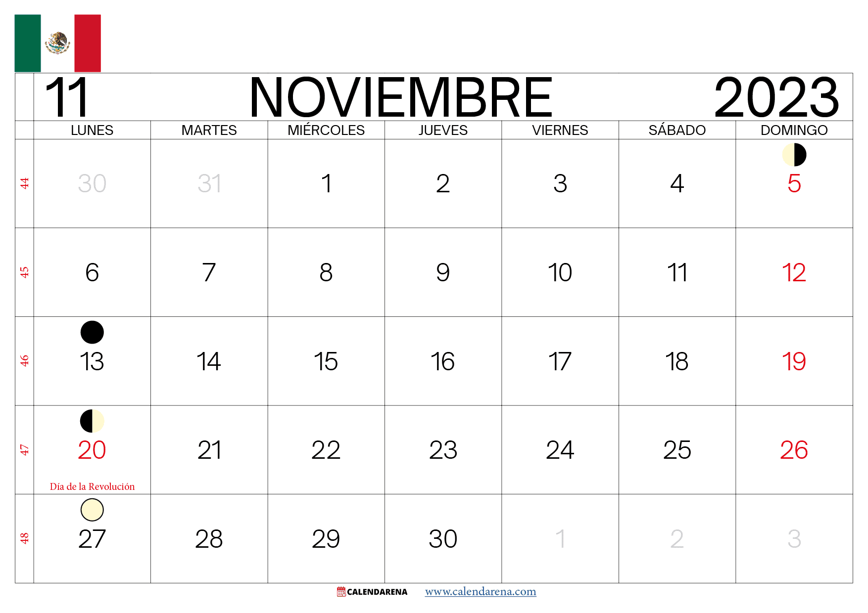 almanaque noviembre 2023 mexico