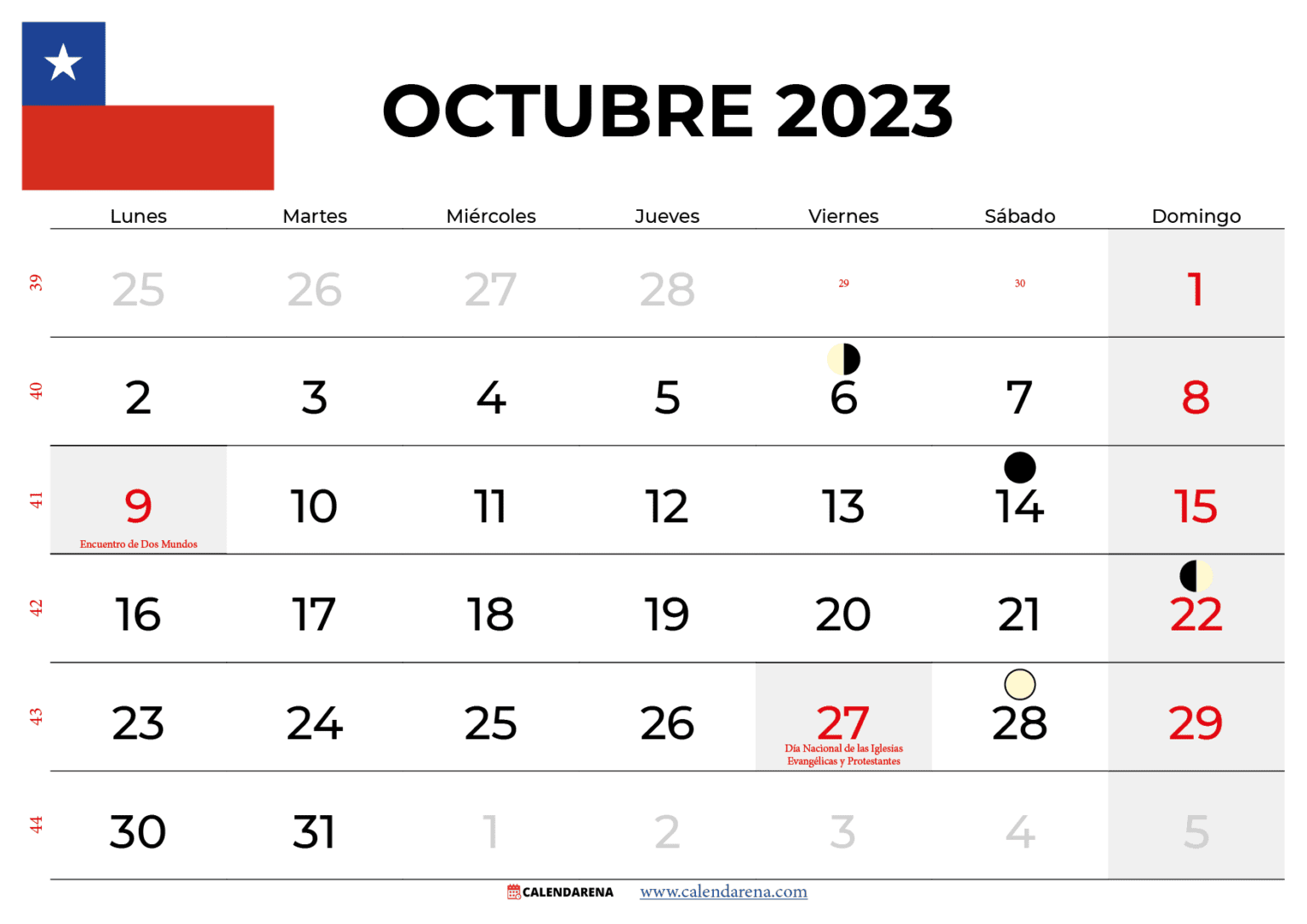 Calendario Octubre 2023 Chile