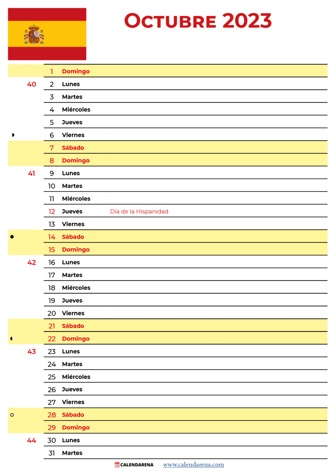 Calendario Octubre 2023 España