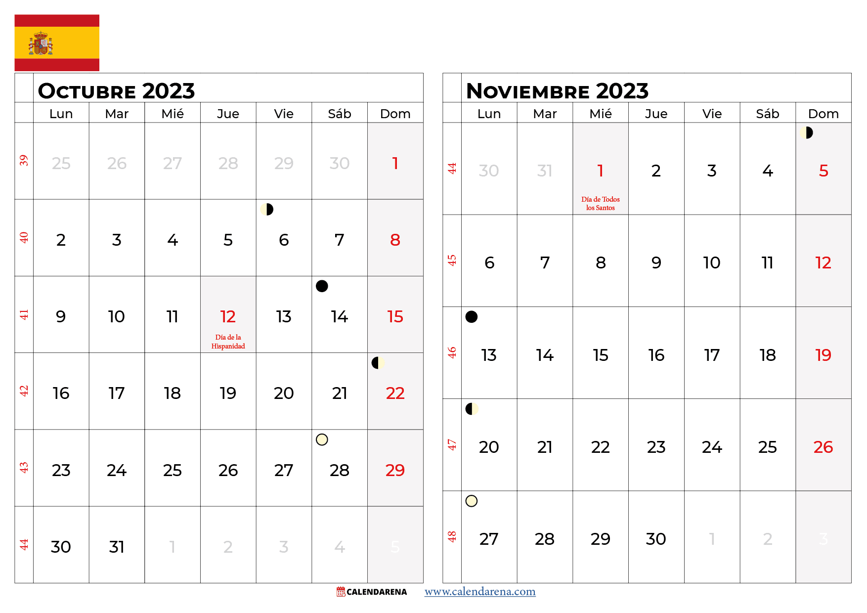 calendario Octubre Noviembre 2023 España