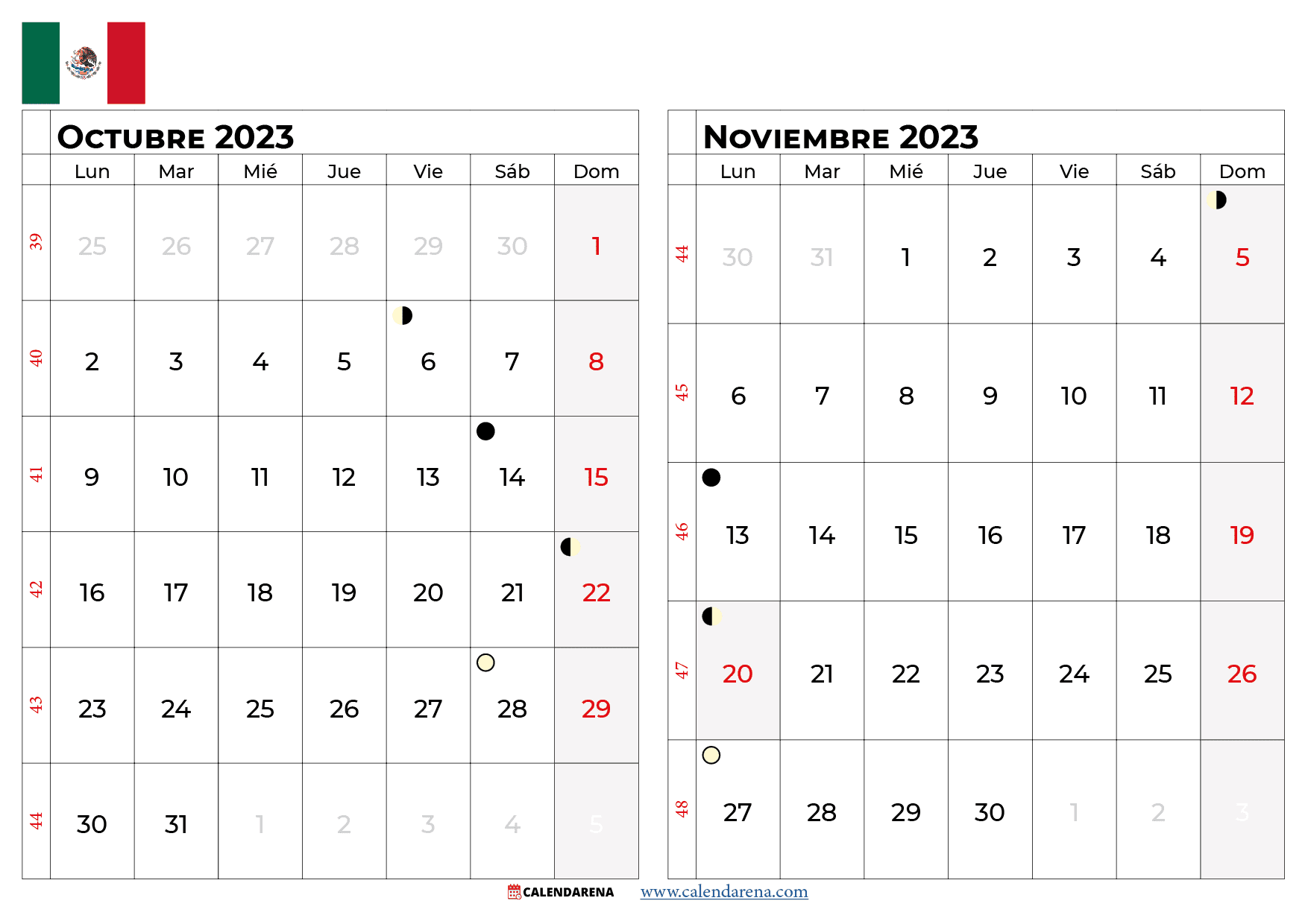 calendario Octubre Noviembre 2023 México