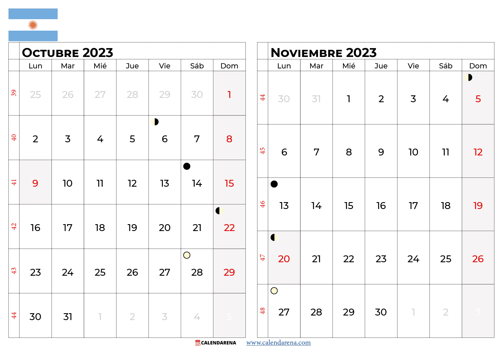 calendario Octubre Noviembre 2023 argentina