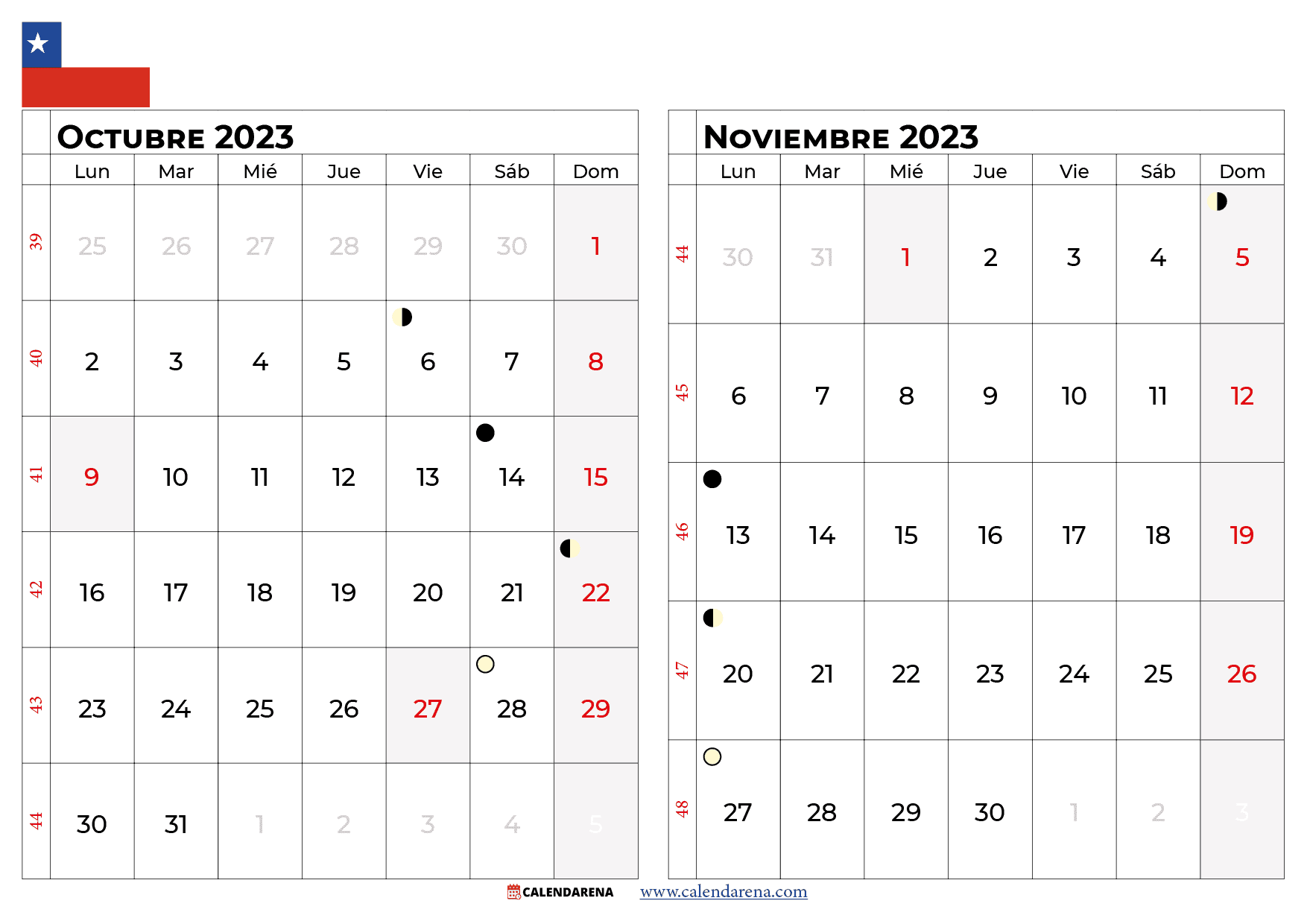 calendario Octubre Noviembre 2023 chile