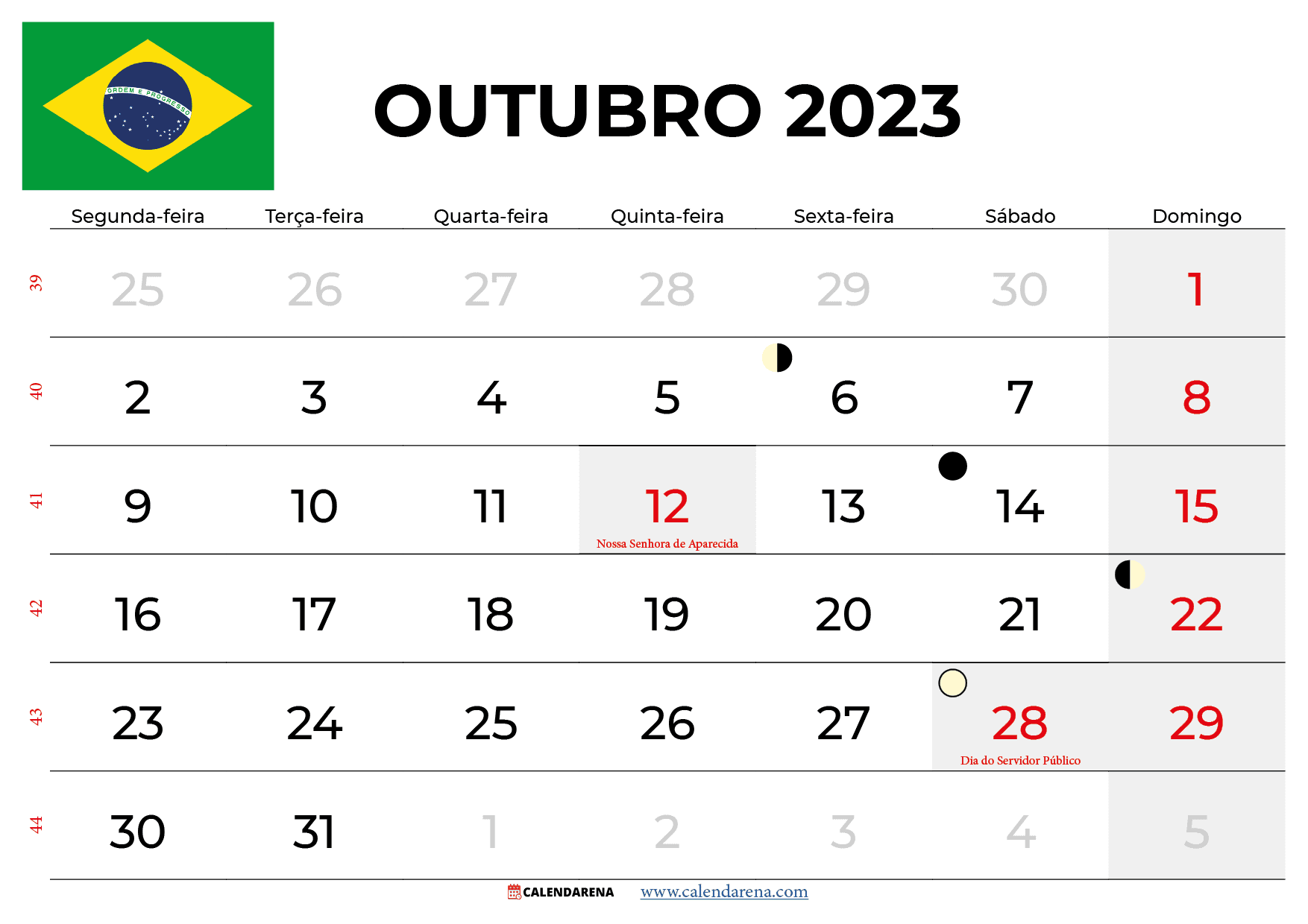 calendário Outubro 2023 brasil