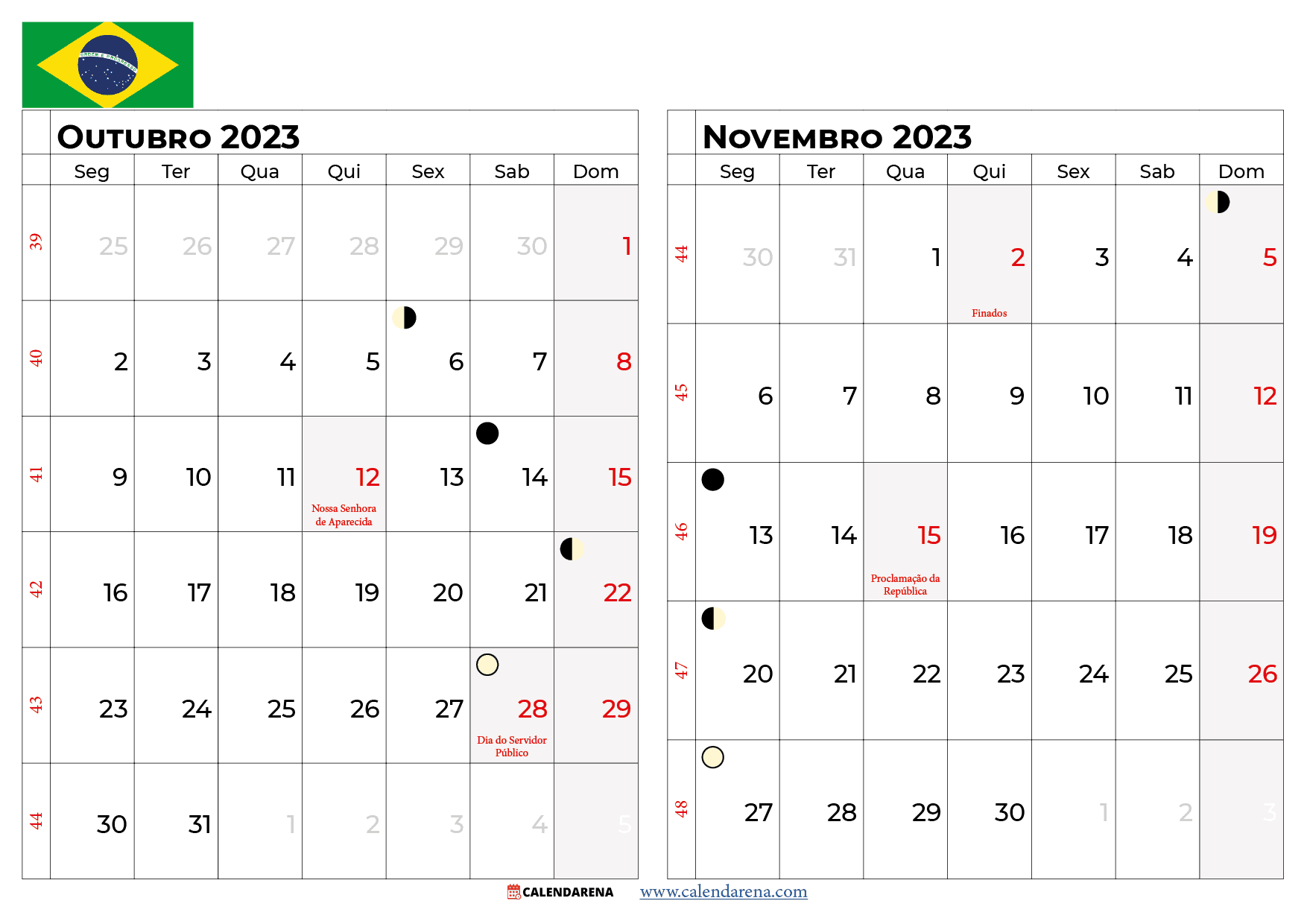 calendário Outubro Novembro 2023 brasil
