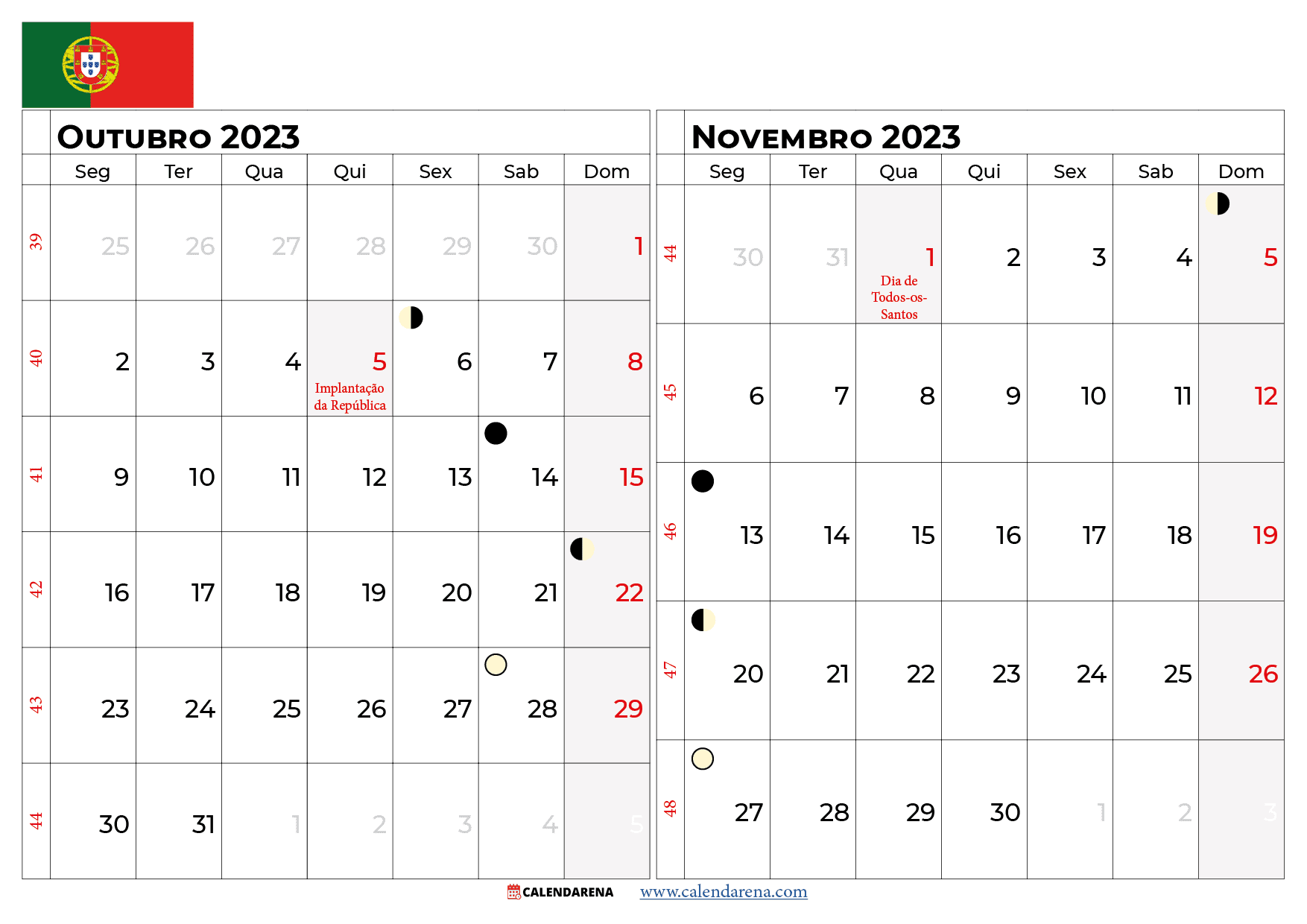 calendário Outubro Novembro 2023 portugal