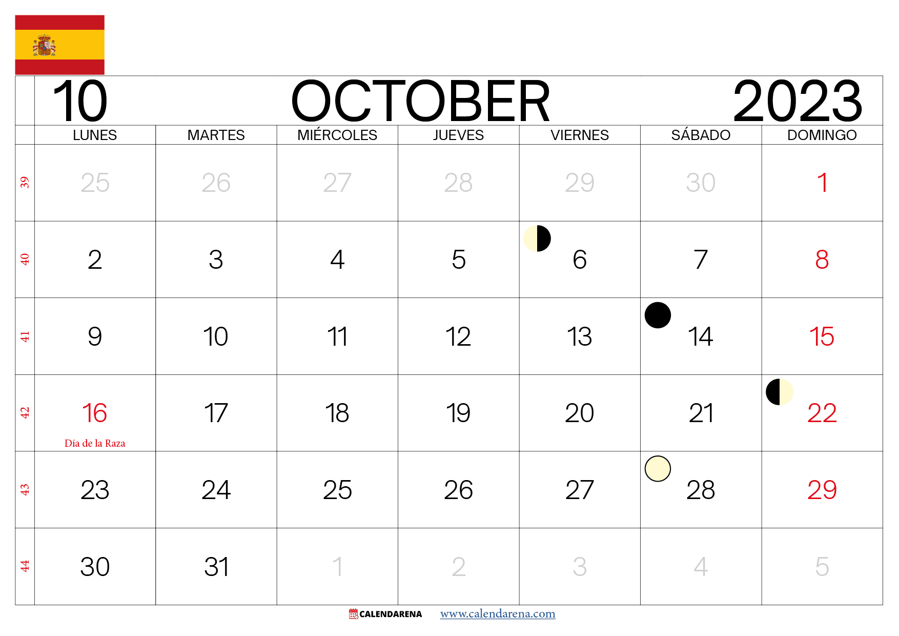 calendario mes de Octubre 2023 España