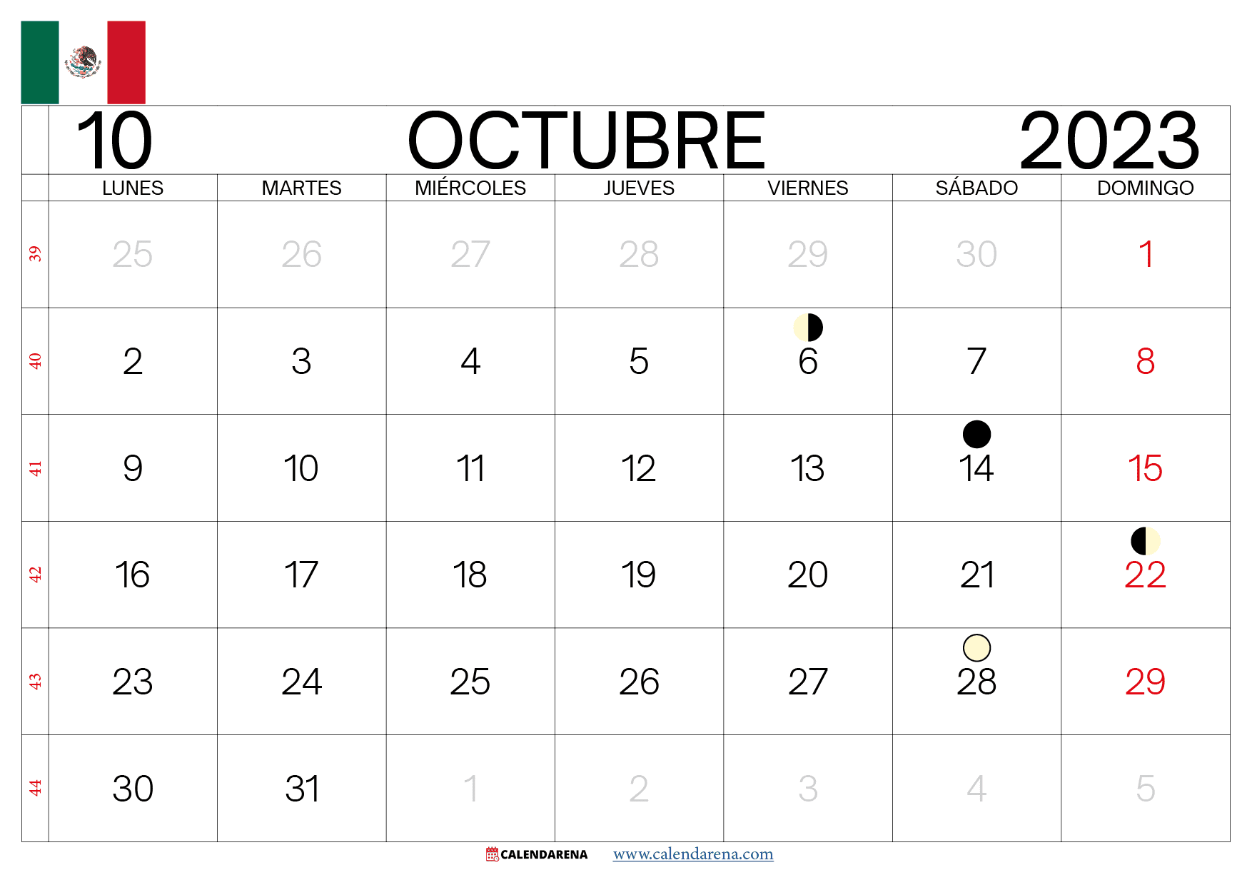 calendario mes de Octubre 2023 México