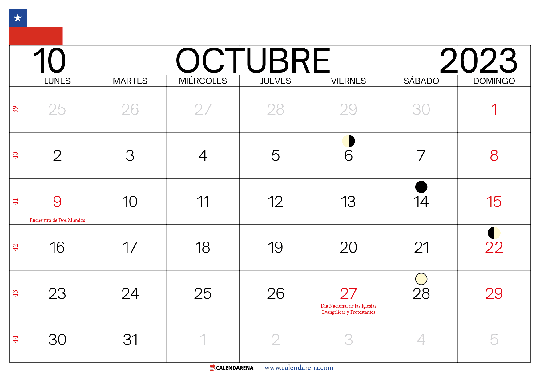 calendario mes de Octubre 2023 chile