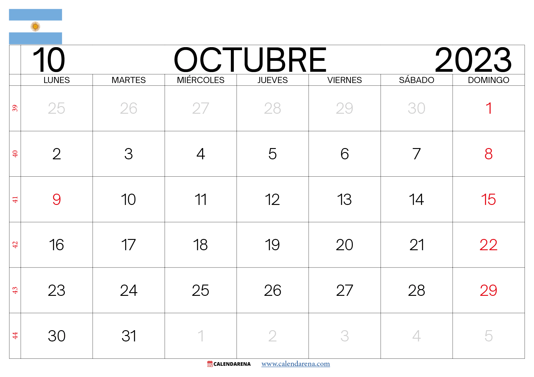 calendario mes de octubre 2023 argentina