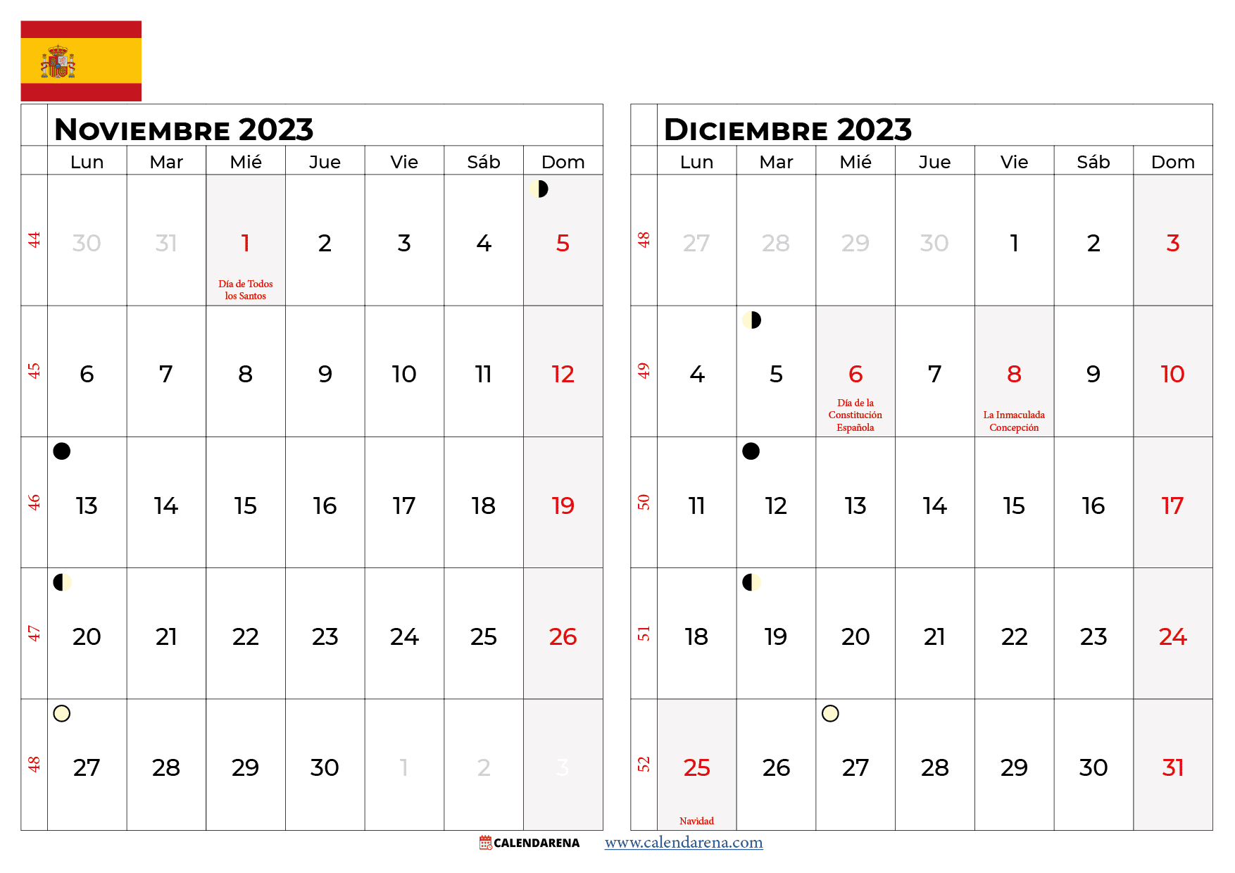 calendario noviembre y diciembre 2023 España