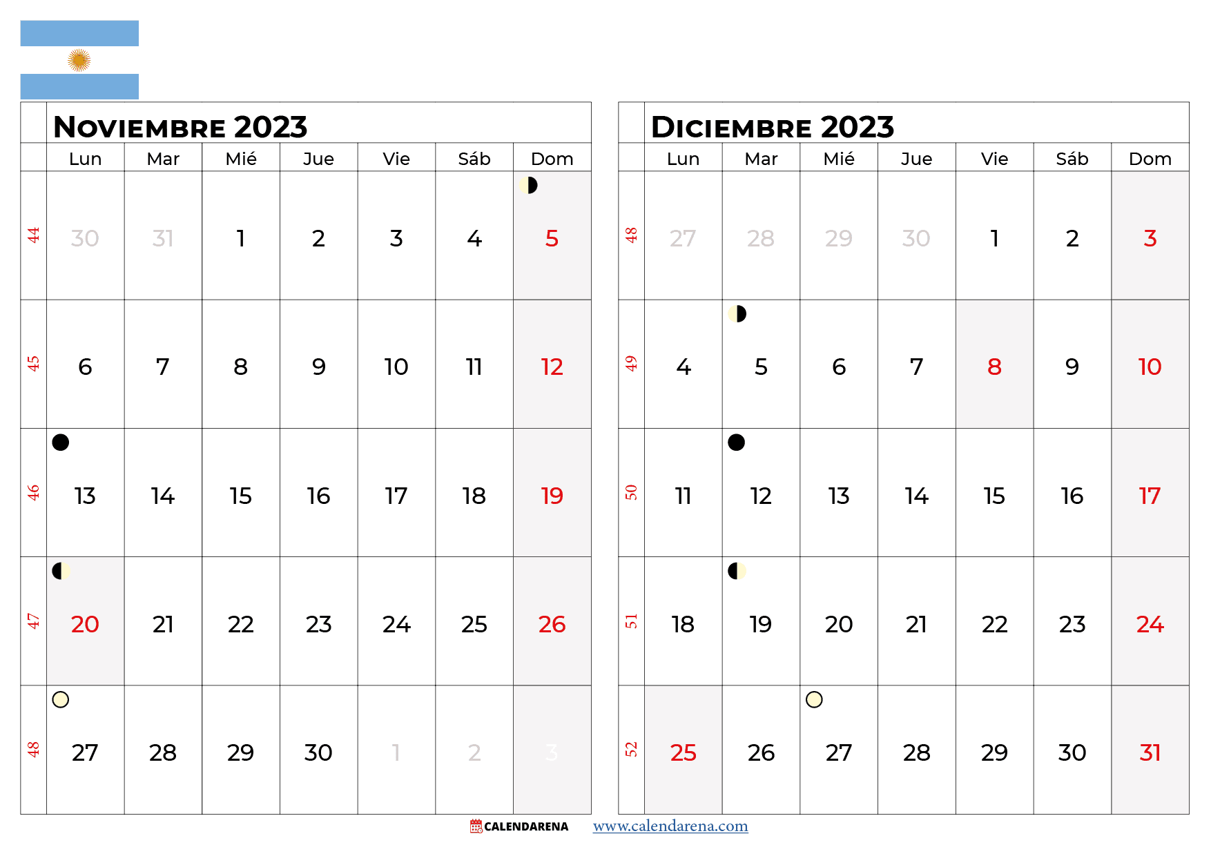 calendario noviembre y diciembre 2023 argentina