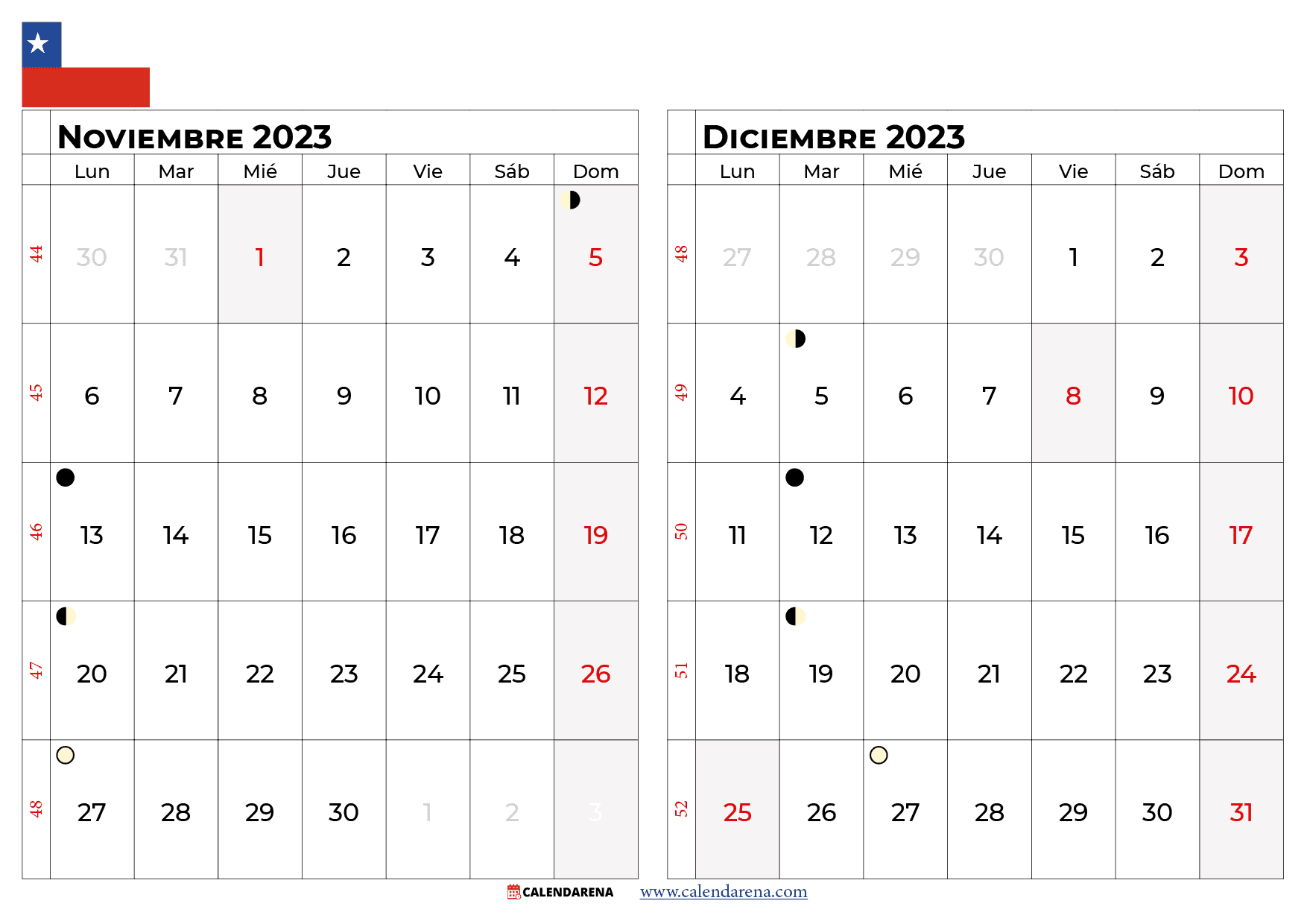 calendario noviembre y diciembre 2023 chile