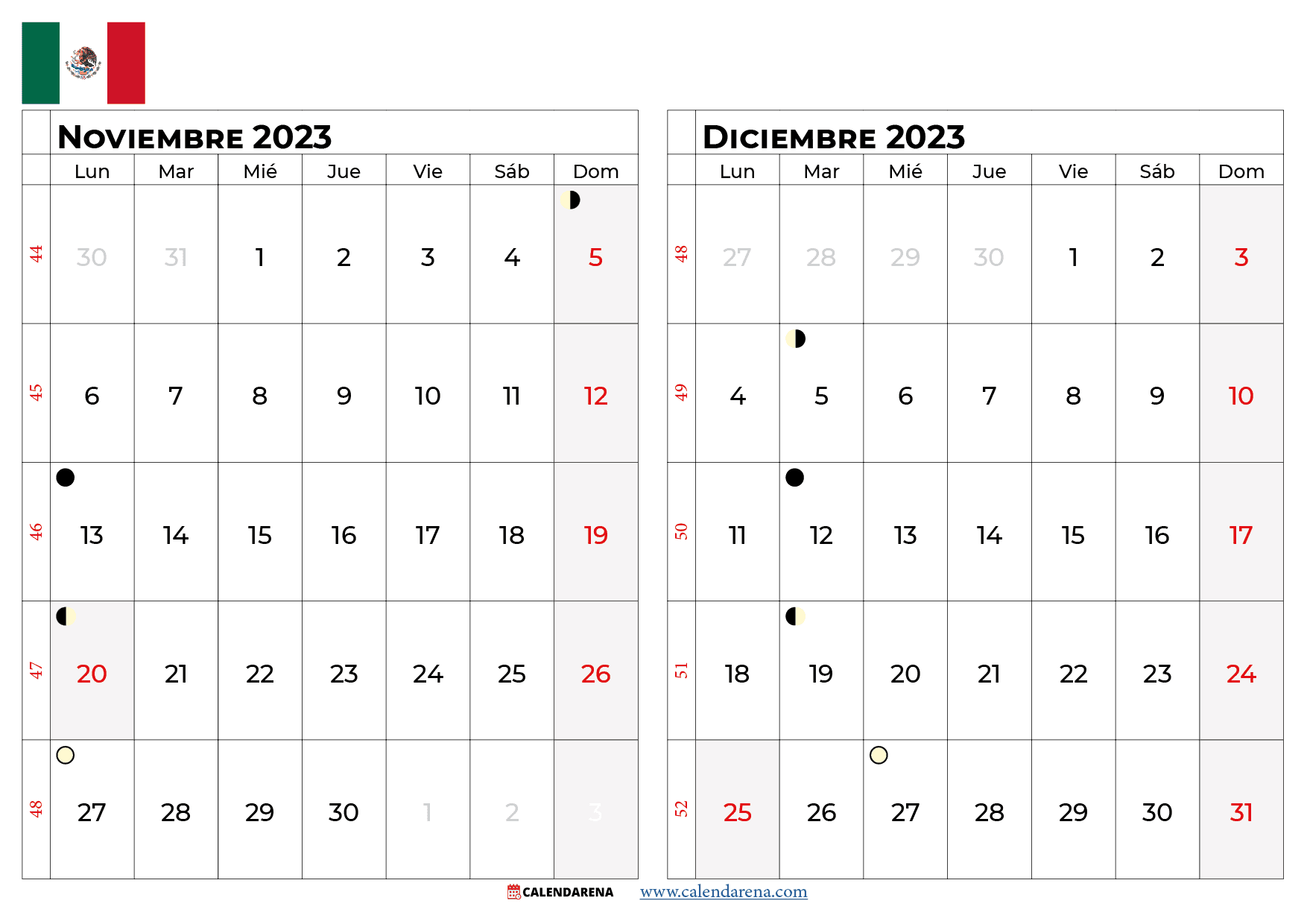 calendario noviembre y diciembre 2023 mexico