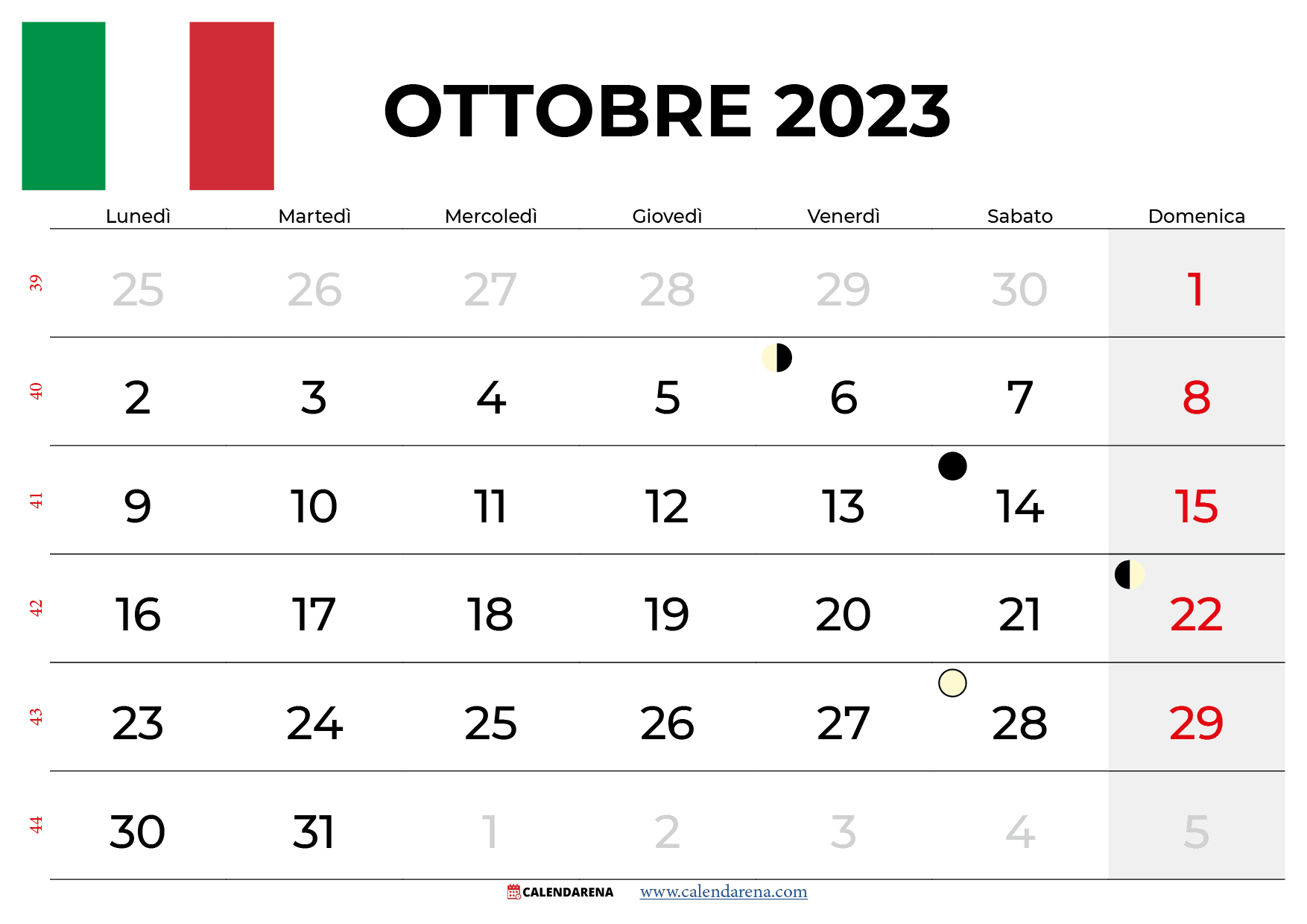 calendario ottobre 2023