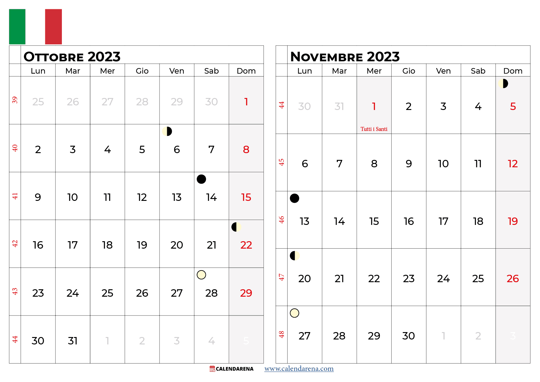calendario ottobre Novembre 2023