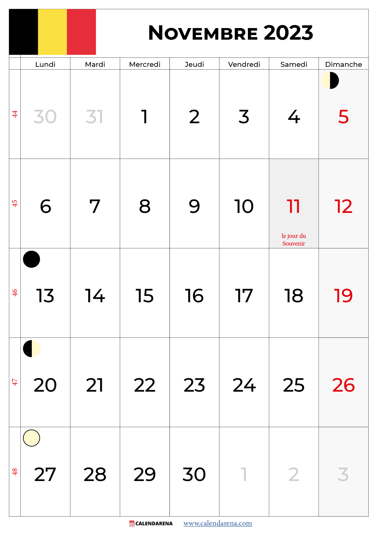 calendrier novembre 2023 avec jours fériés belgique