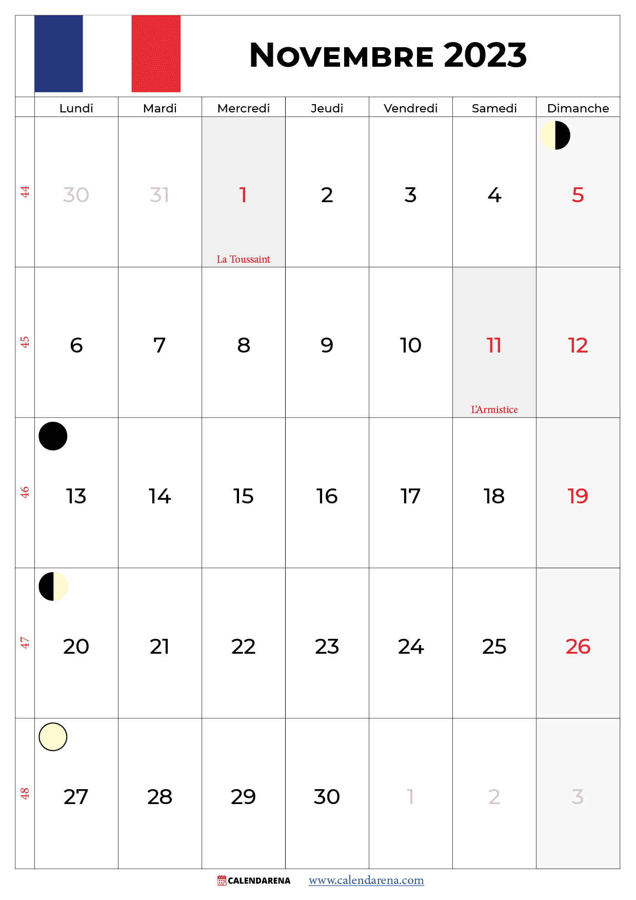 calendrier novembre 2023 avec jours fériés france