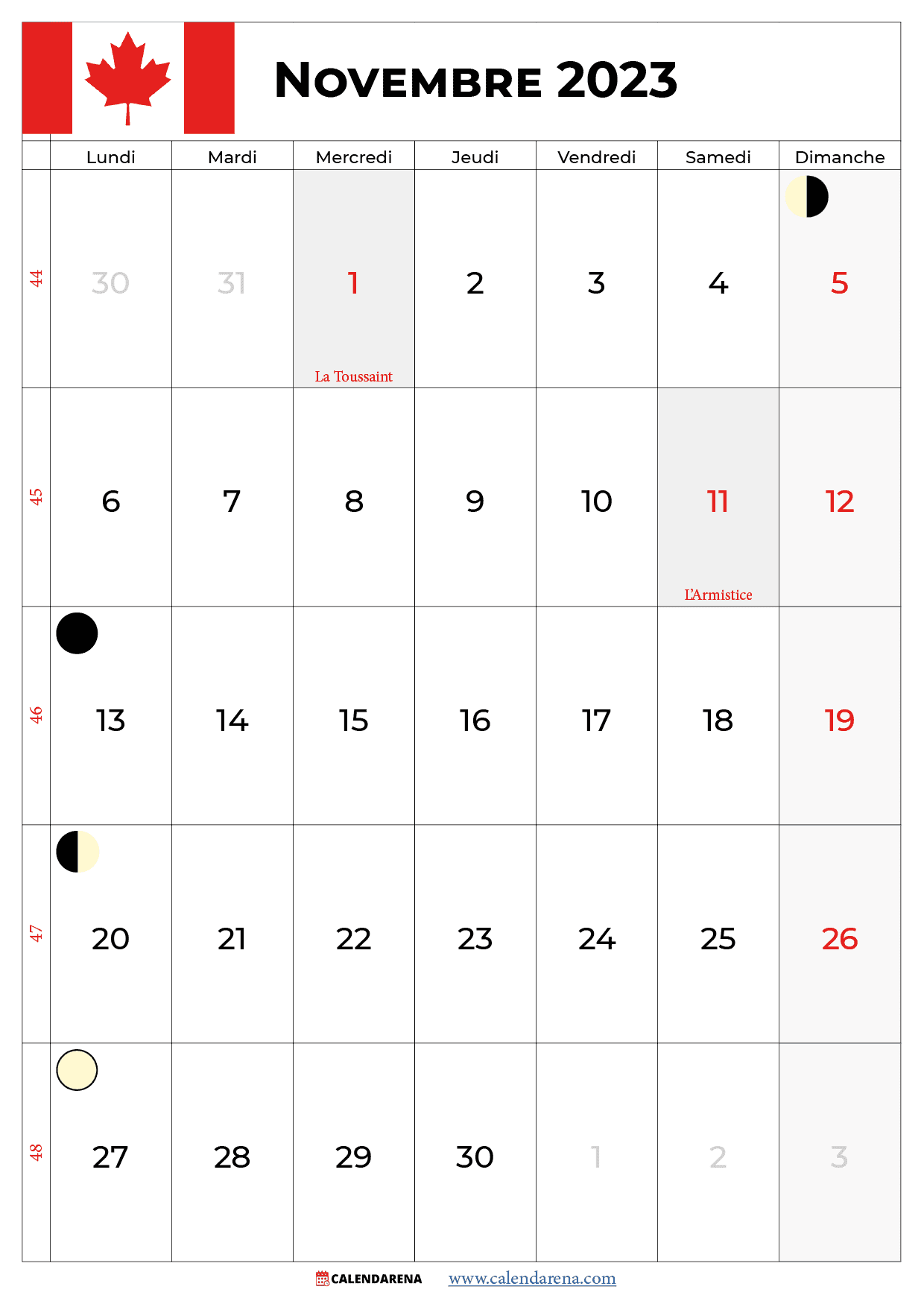 calendrier novembre 2023 avec jours fériés québec