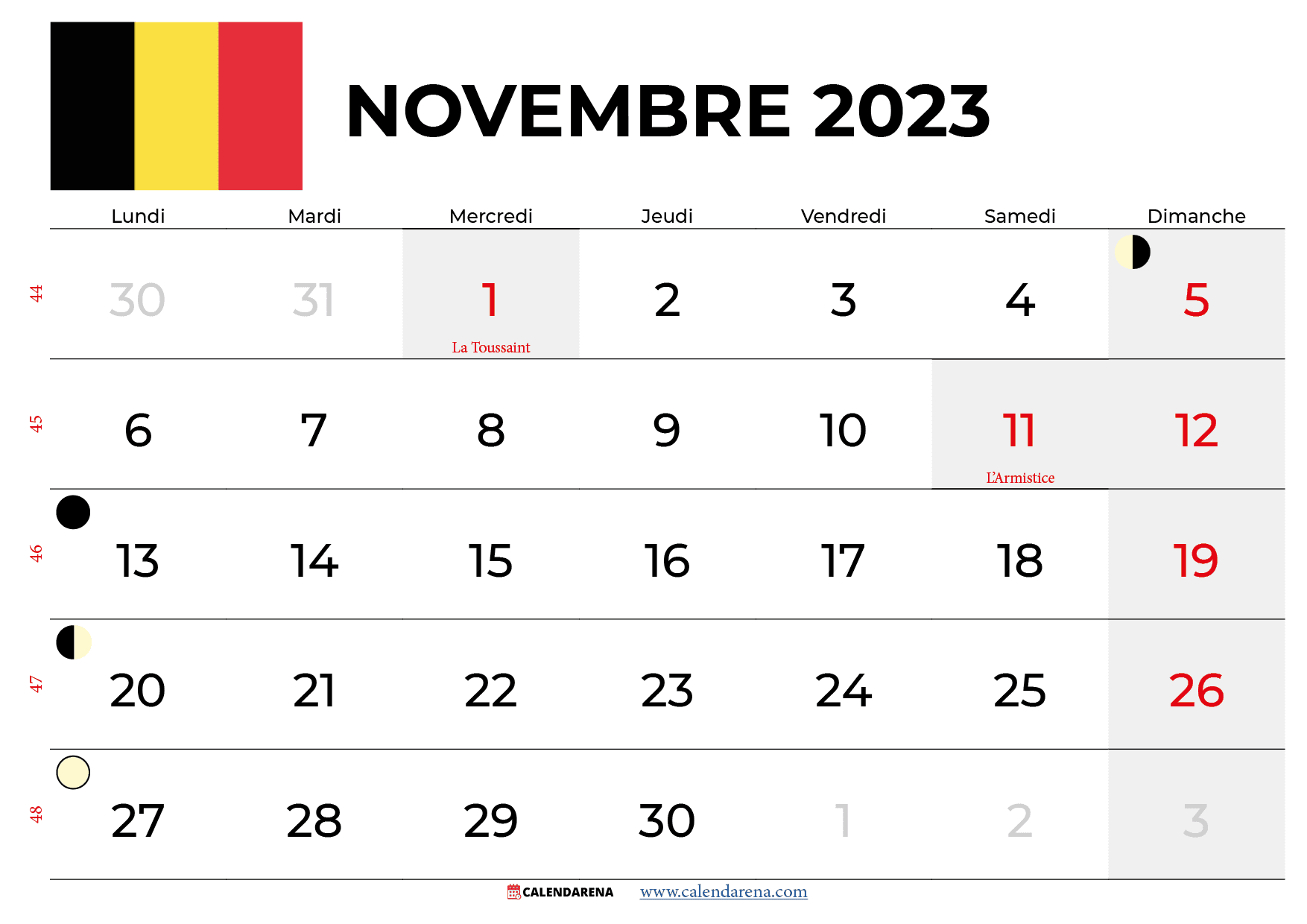 calendrier novembre 2023 belgique