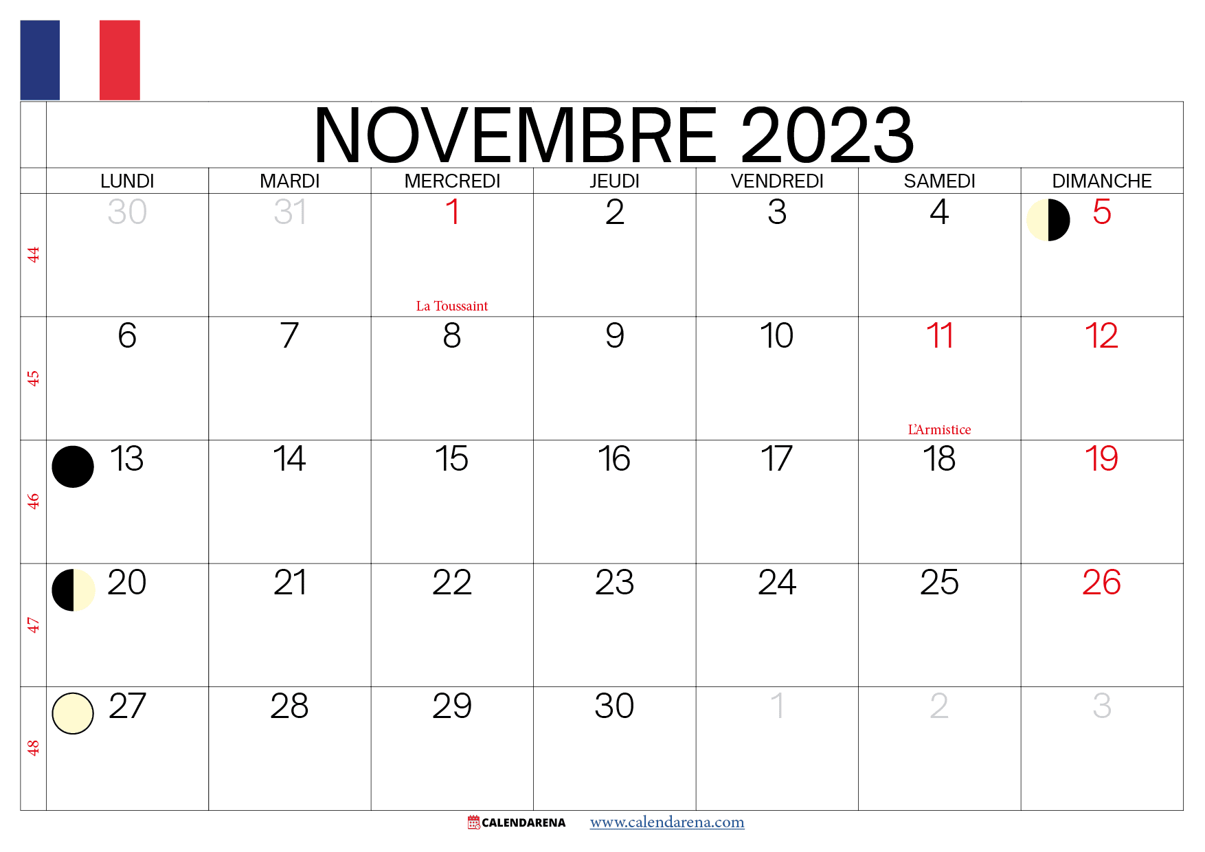 calendrier novembre 2023 jours fériés france