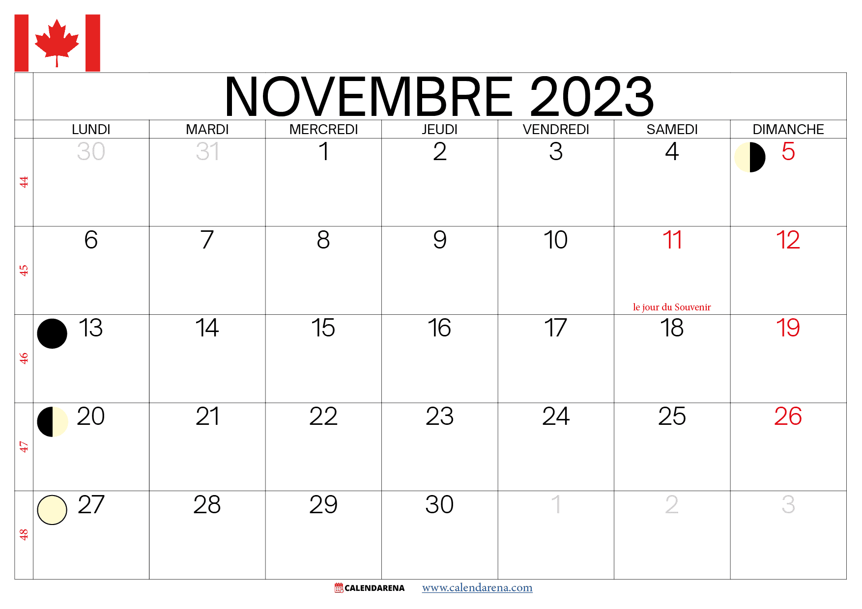 calendrier novembre 2023 jours fériés québec