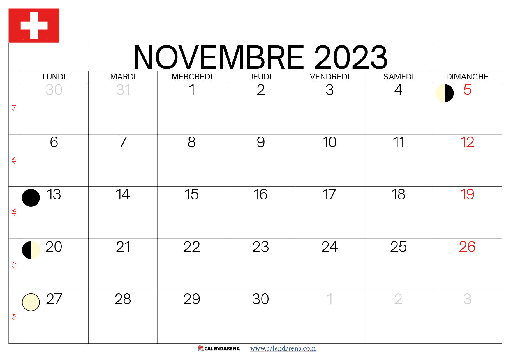 calendrier novembre 2023 jours fériés suisse