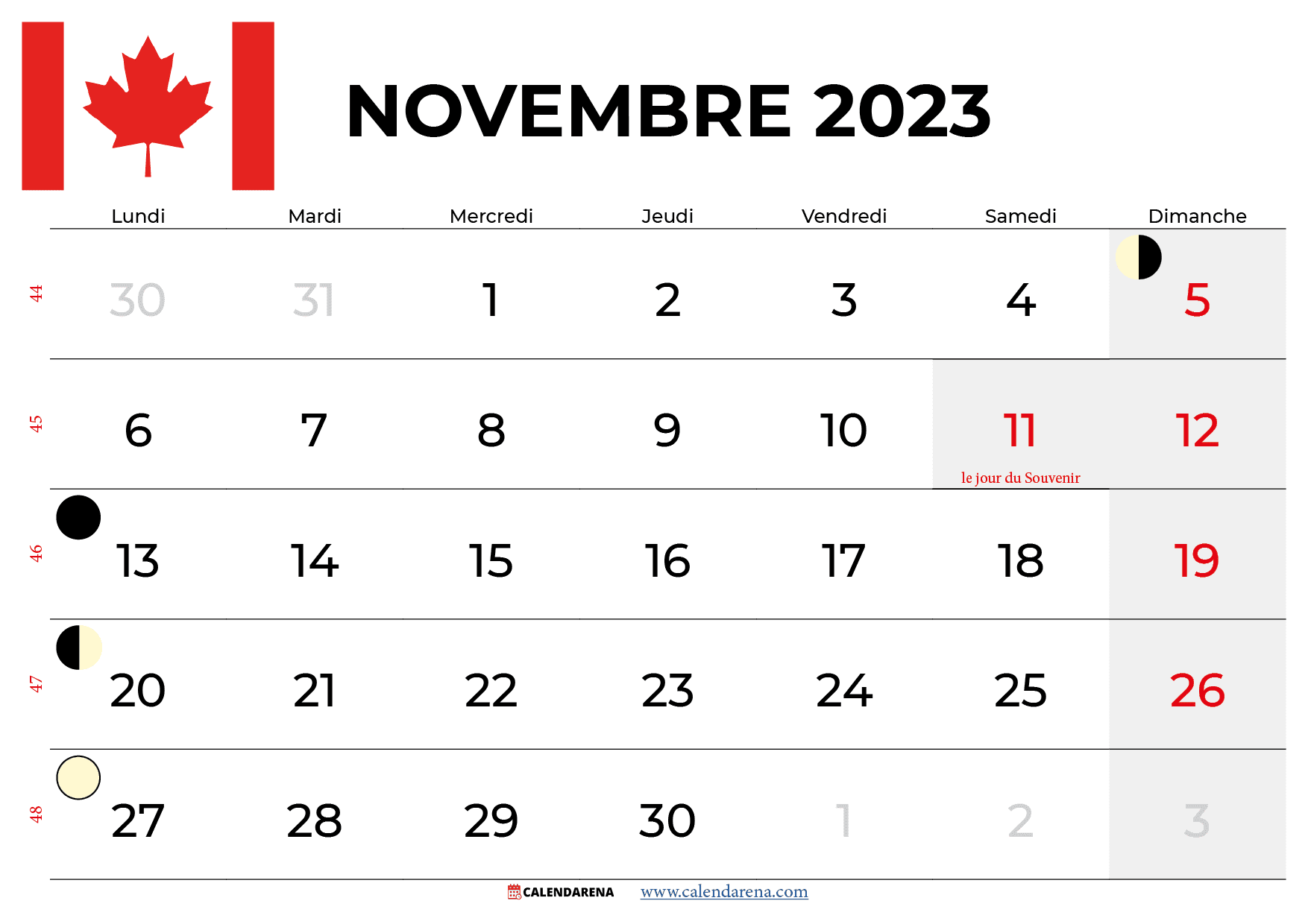 calendrier novembre 2023 québec