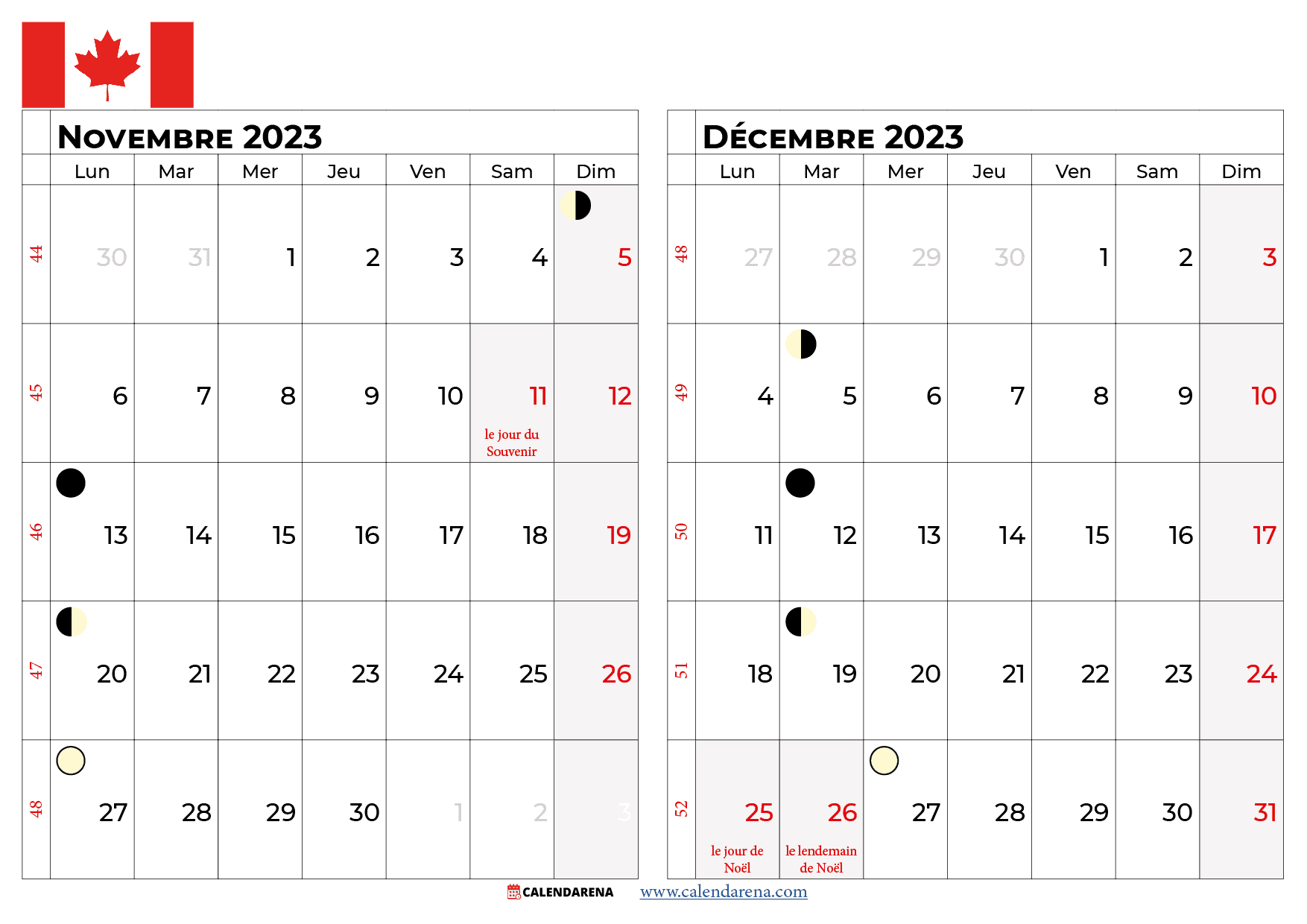 calendrier novembre décembre 2023 québec