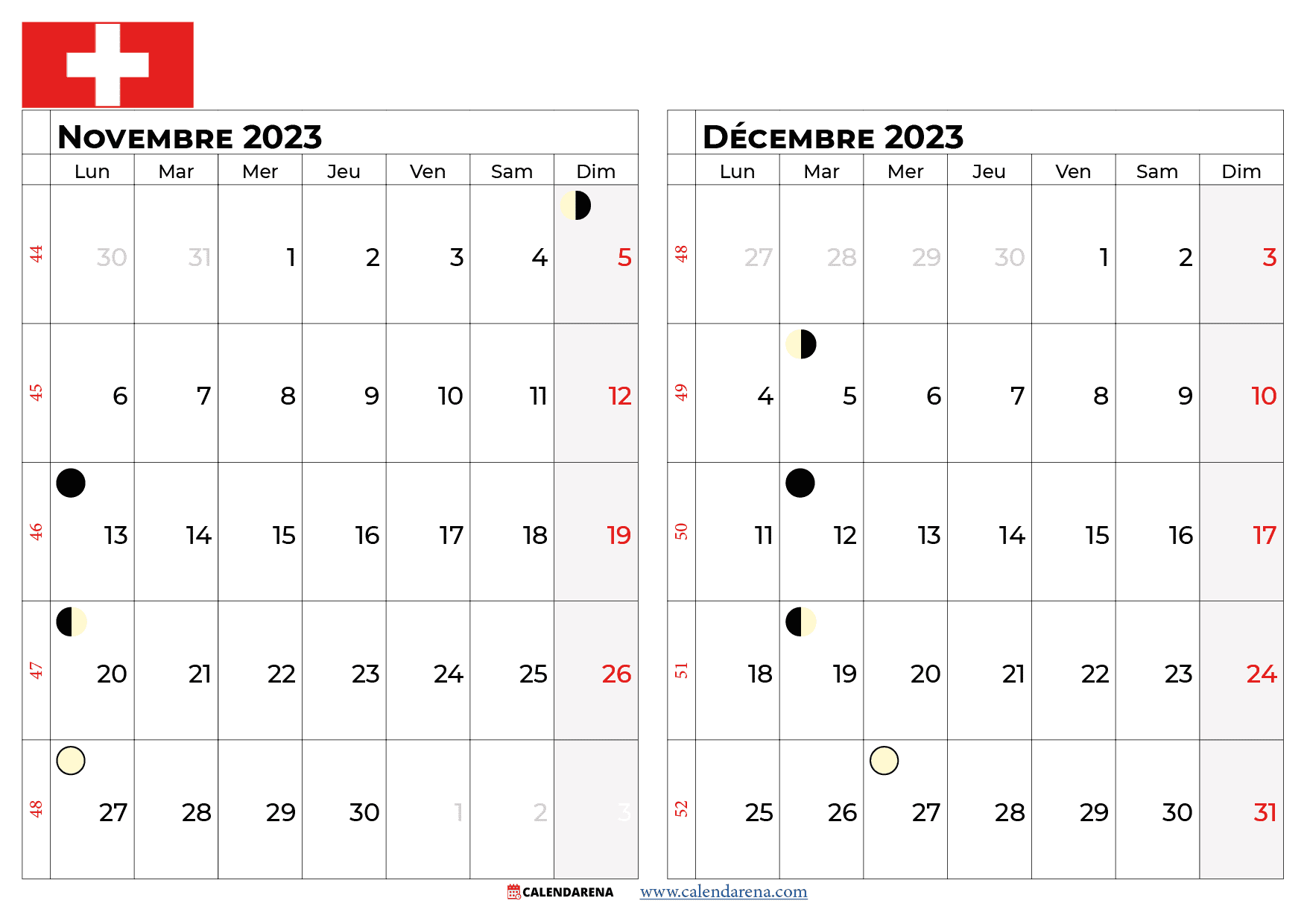 calendrier novembre décembre 2023 suisse
