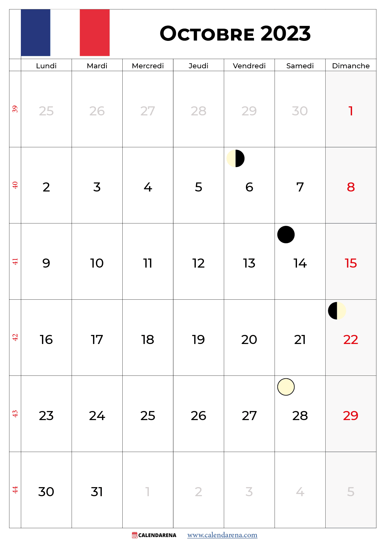calendrier octobre 2023 avec jours fériés france