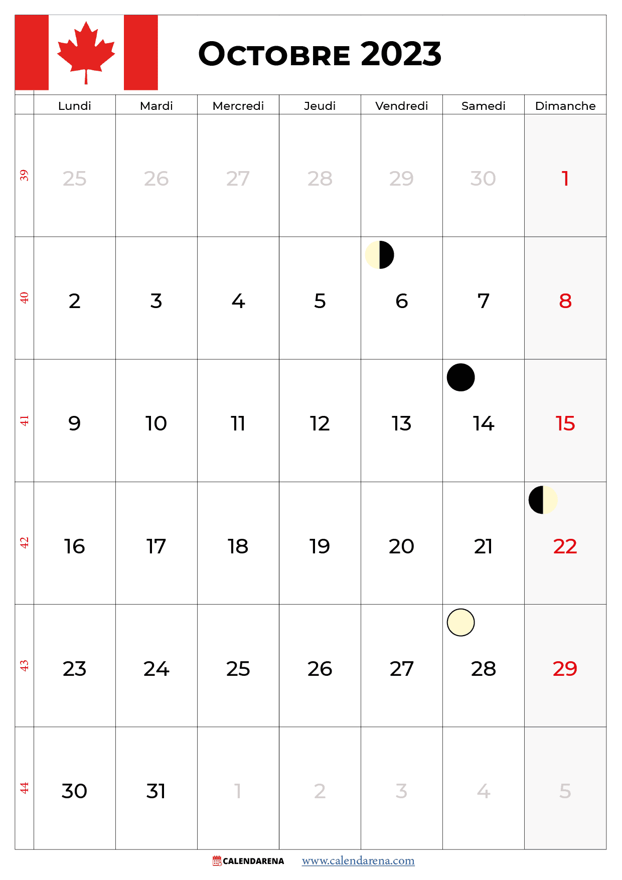calendrier octobre 2023 avec jours fériés québec