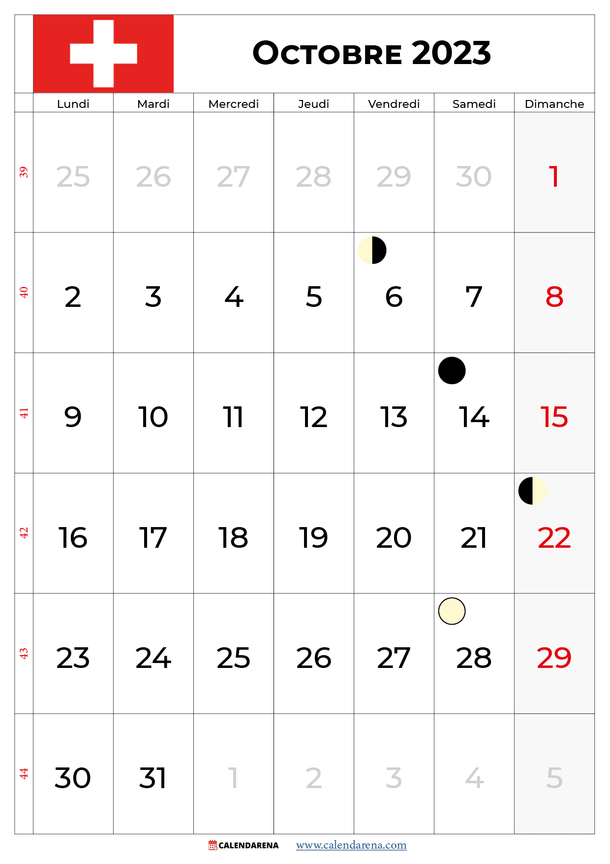 calendrier octobre 2023 avec jours fériés suisse