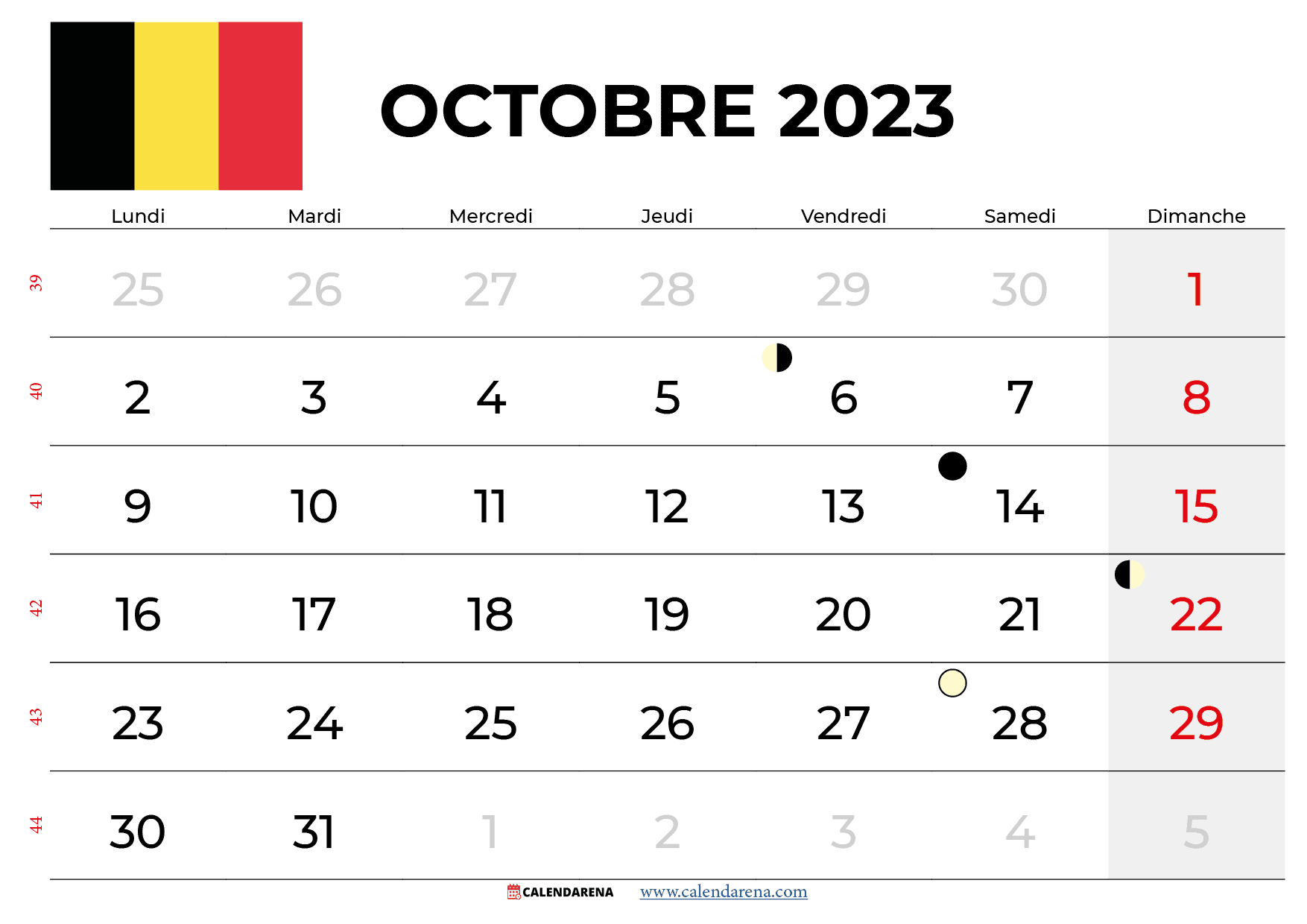 calendrier octobre 2023 belgique