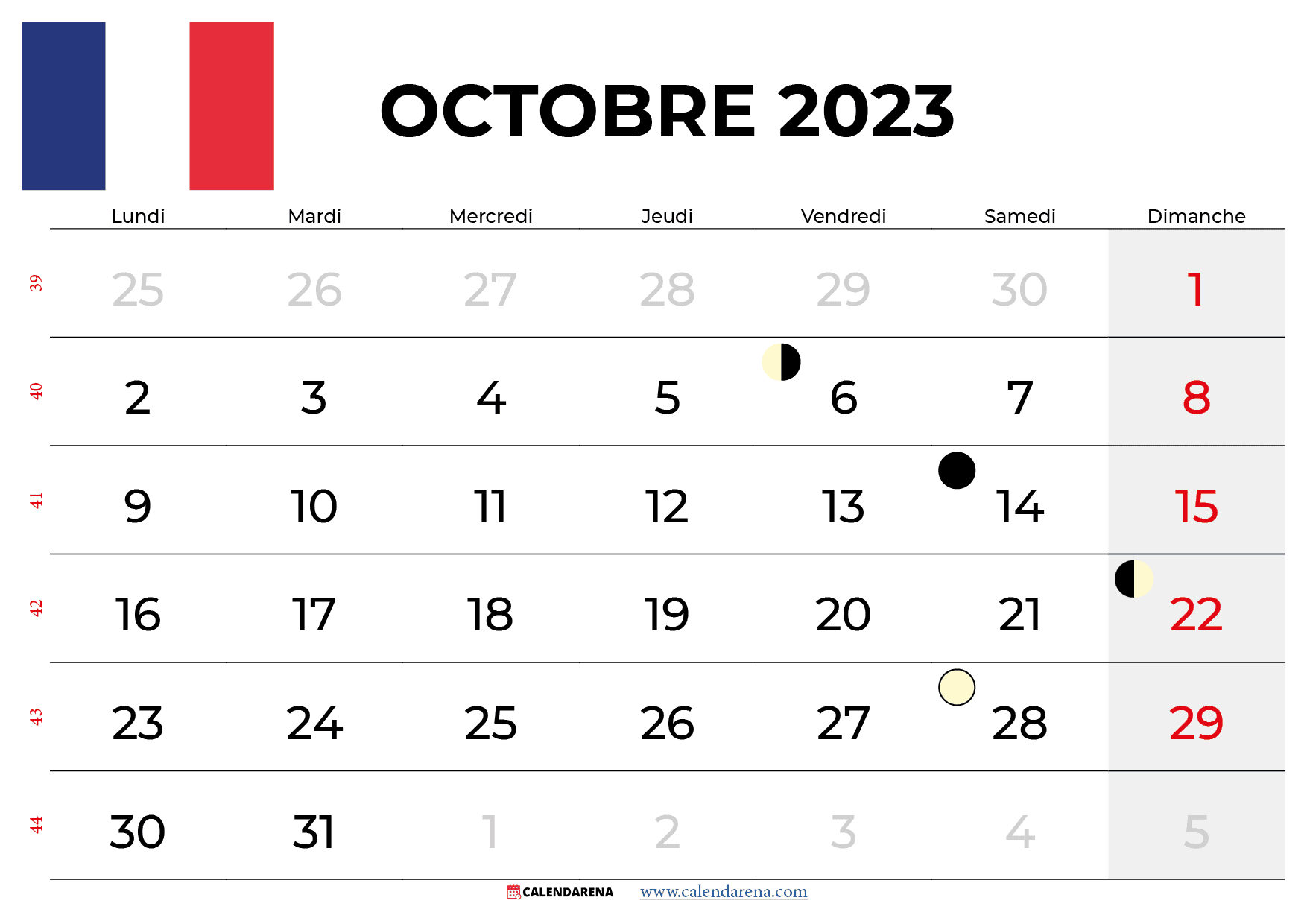 calendrier octobre 2023 france