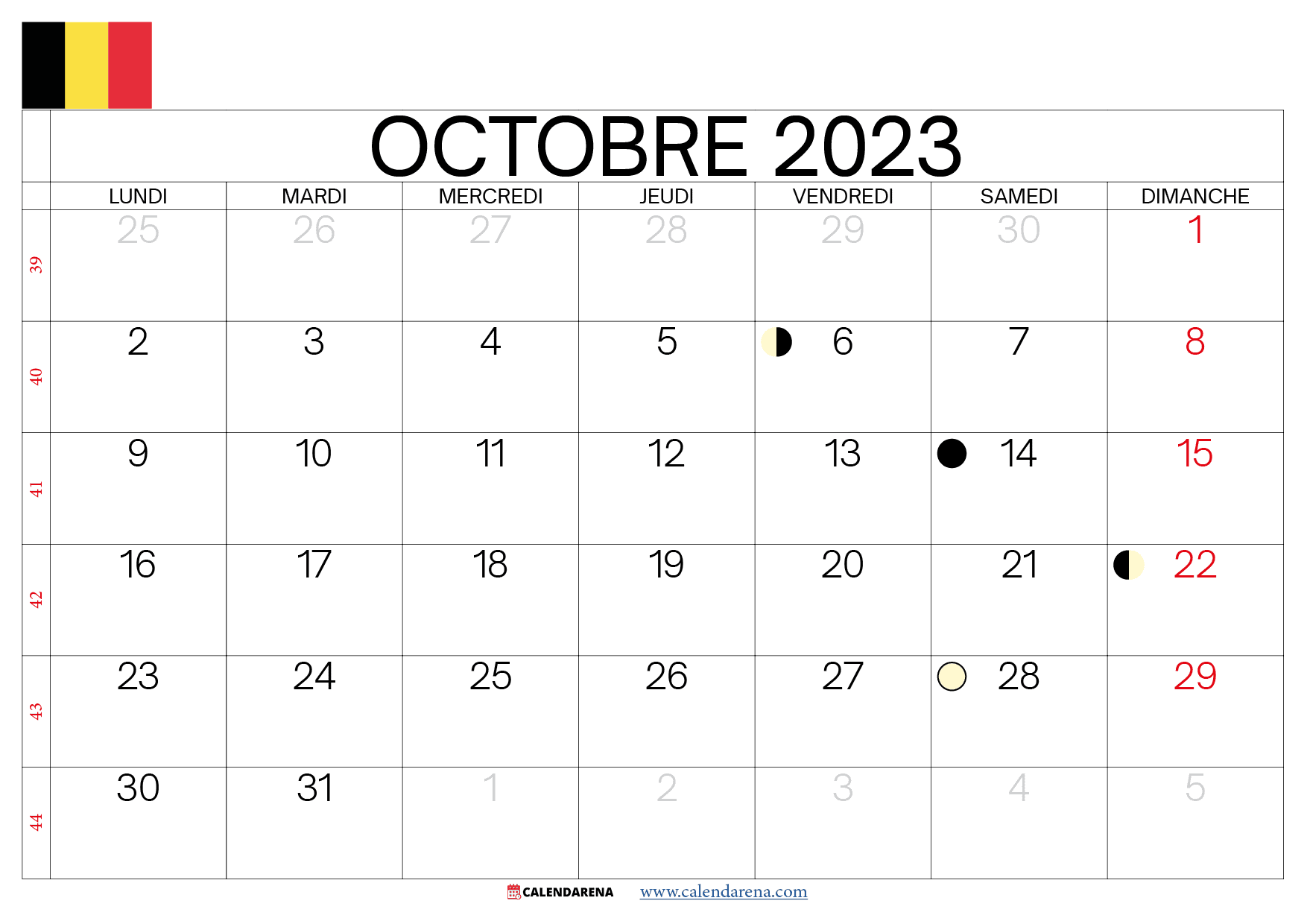 calendrier octobre 2023 jours fériés belgique