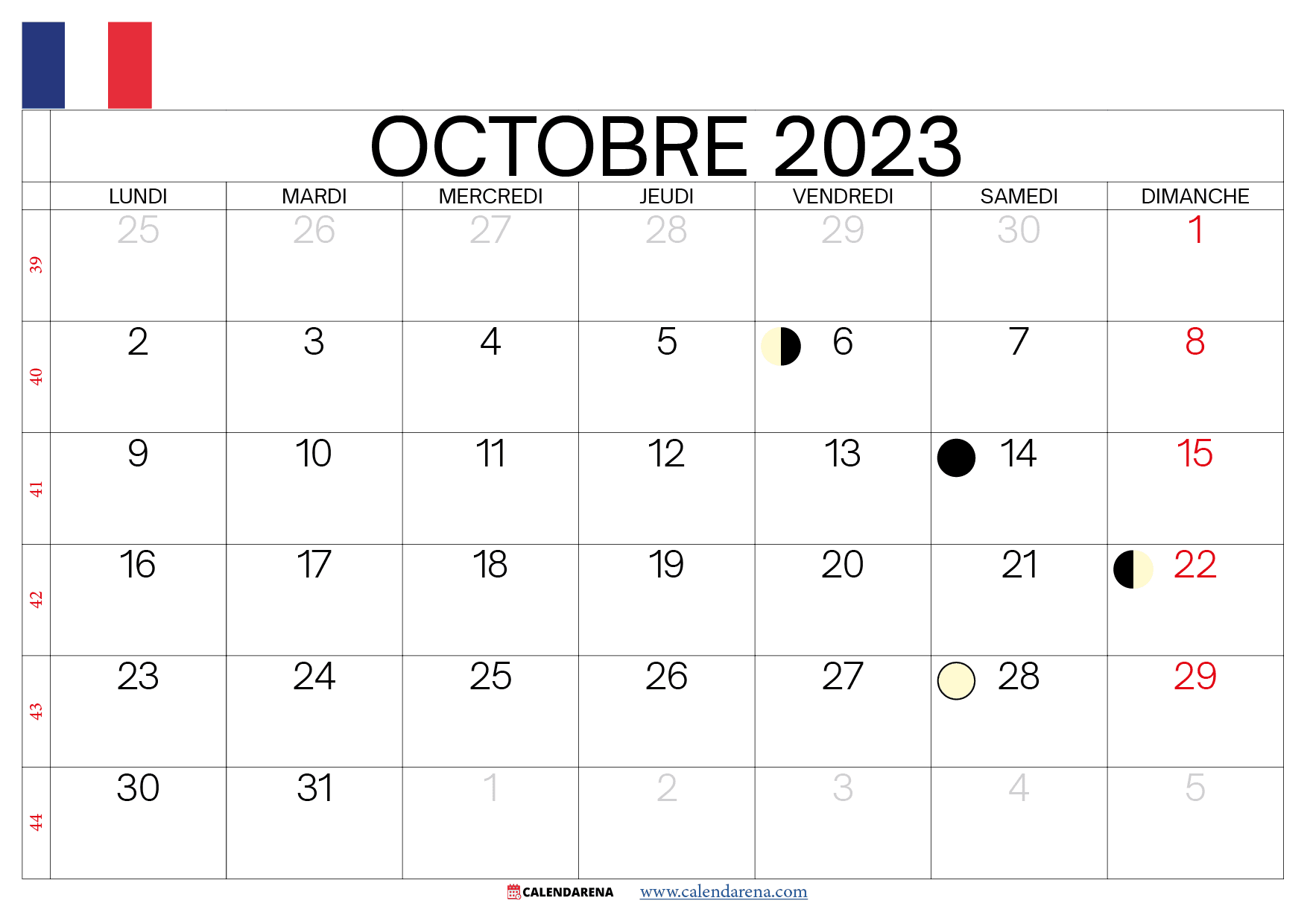 calendrier octobre 2023 jours fériés france