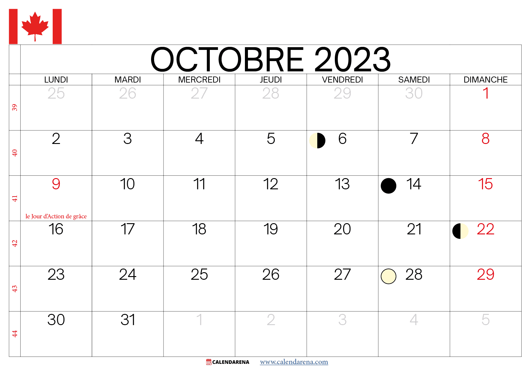 calendrier octobre 2023 jours fériés québec