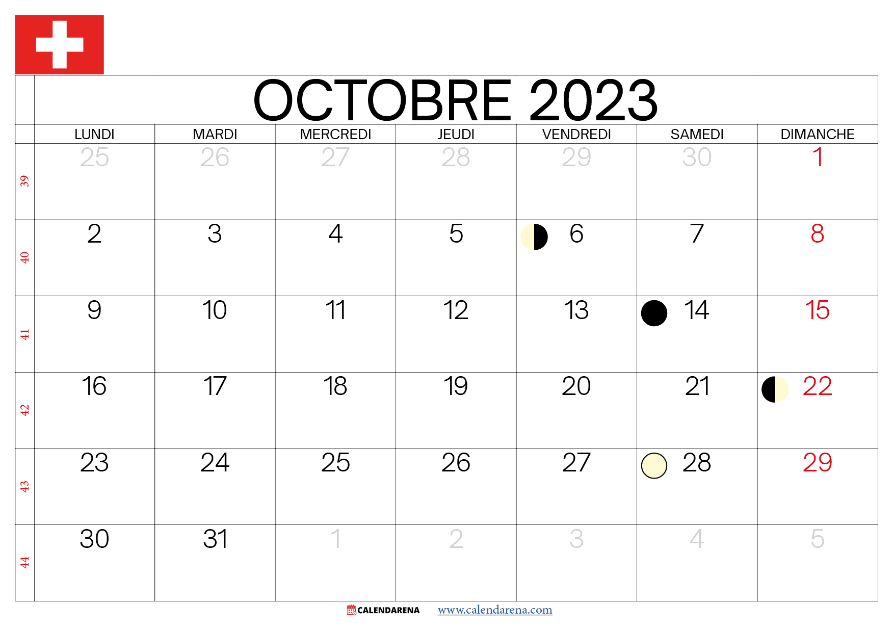 calendrier octobre 2023 jours fériés suisse