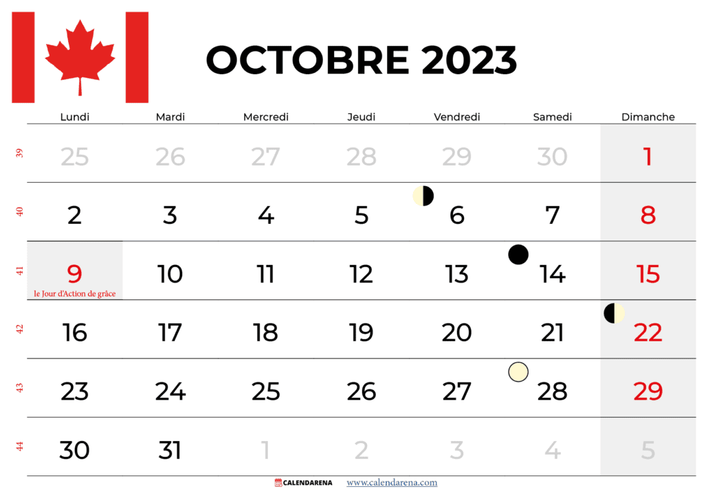 calendrier octobre 2023 québec