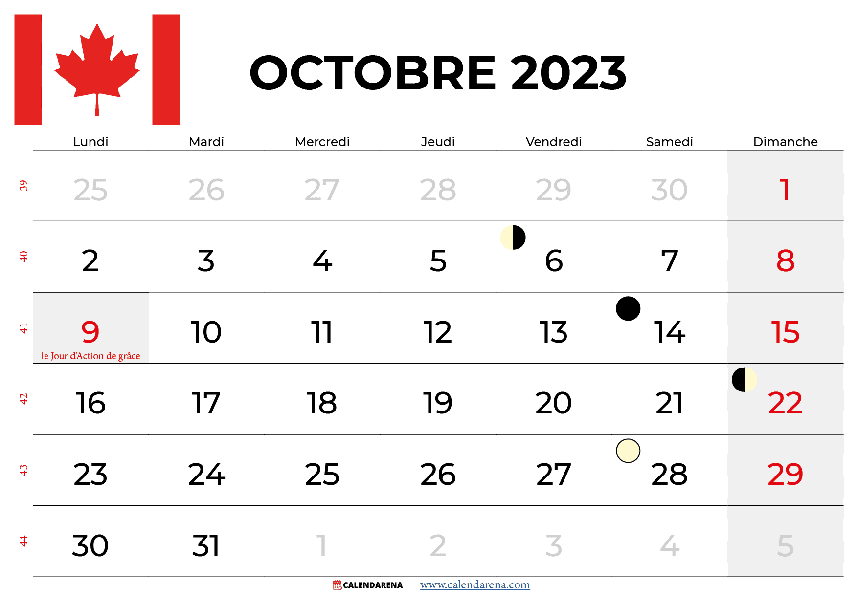 calendrier octobre 2023 québec