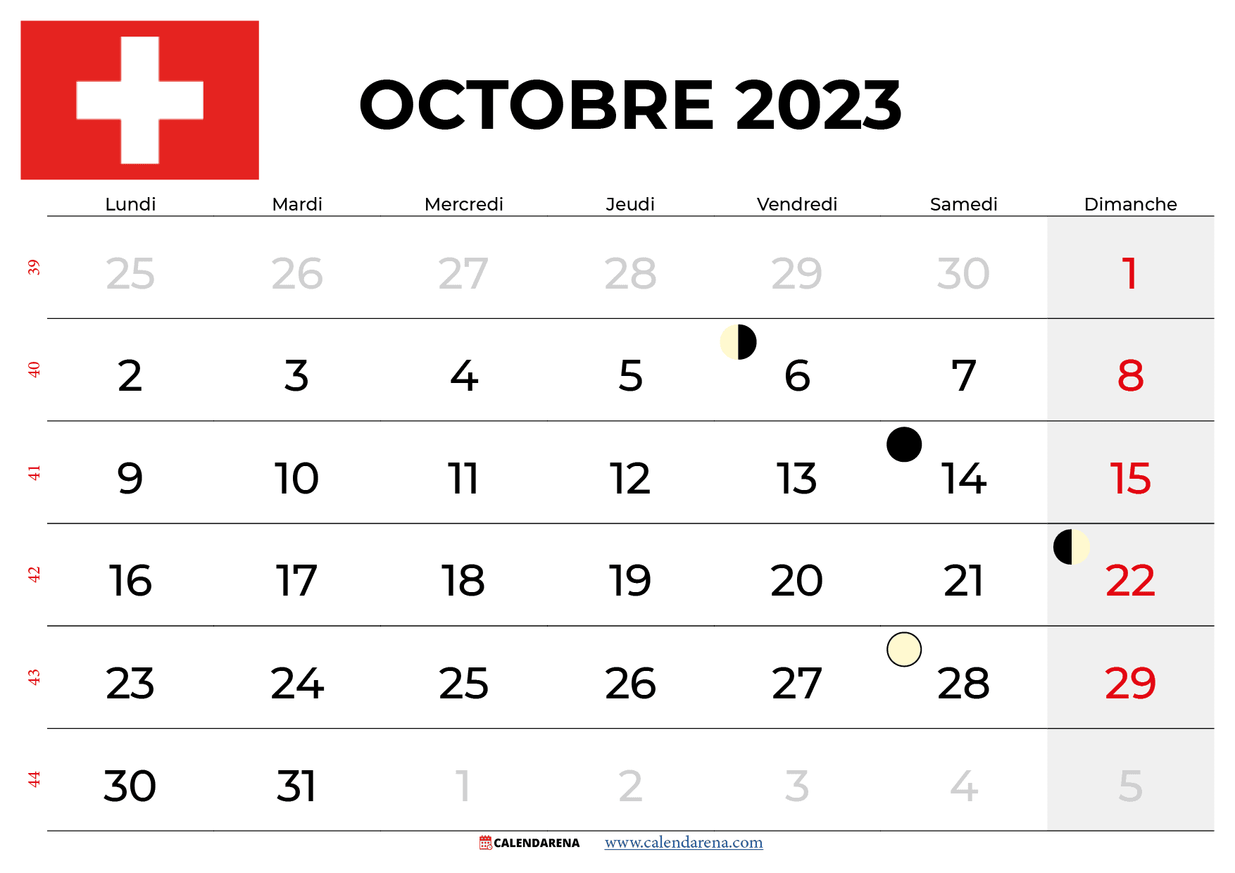 calendrier octobre 2023 suisse
