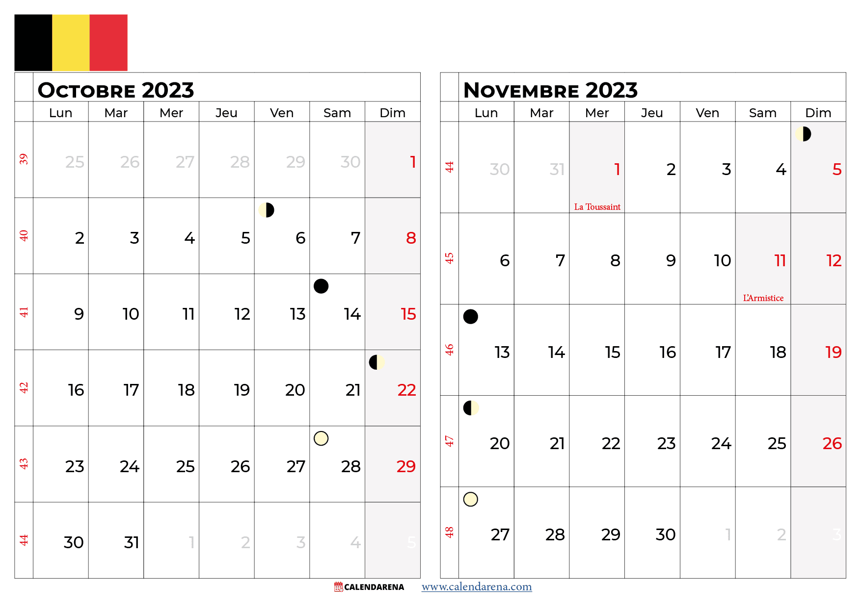 calendrier octobre novembre 2023 belgique