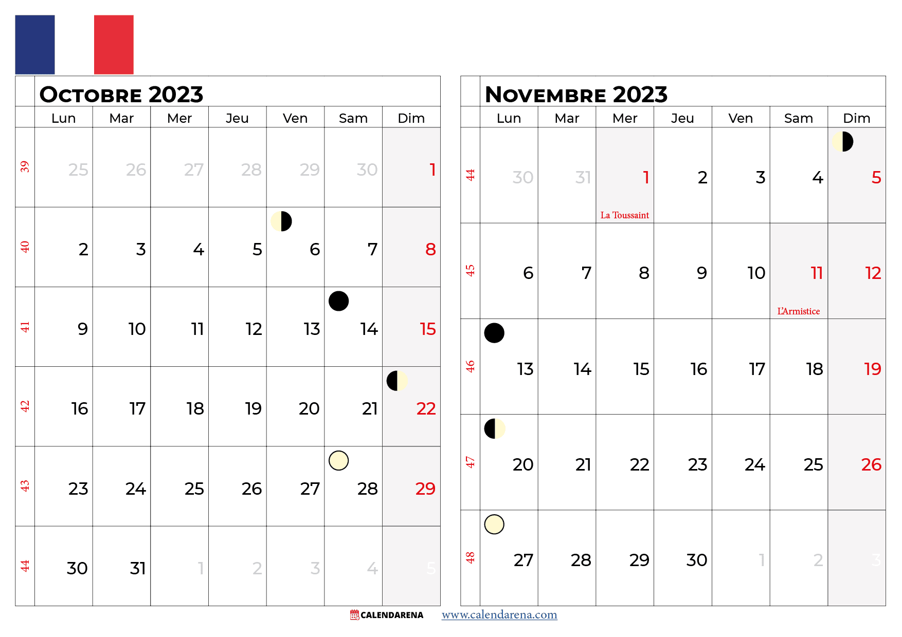 calendrier octobre novembre 2023 france