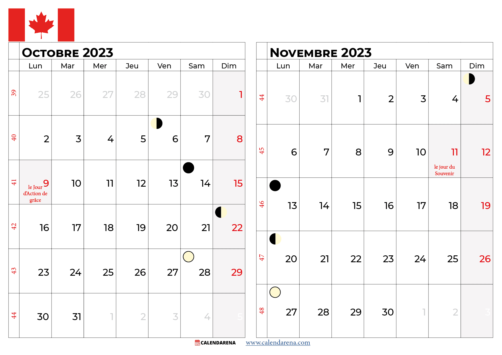 calendrier octobre novembre 2023 québec