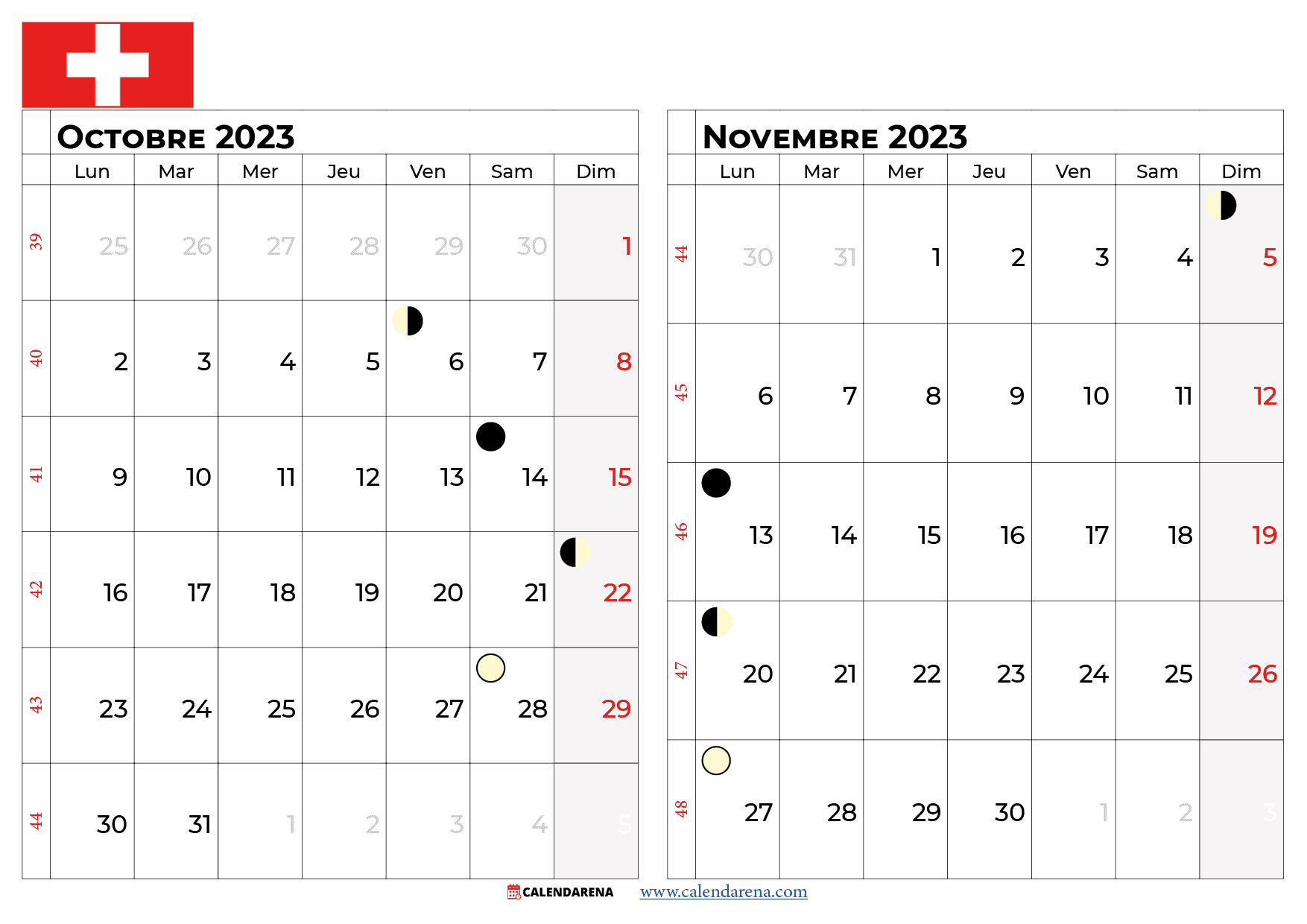 calendrier octobre novembre 2023 suisse