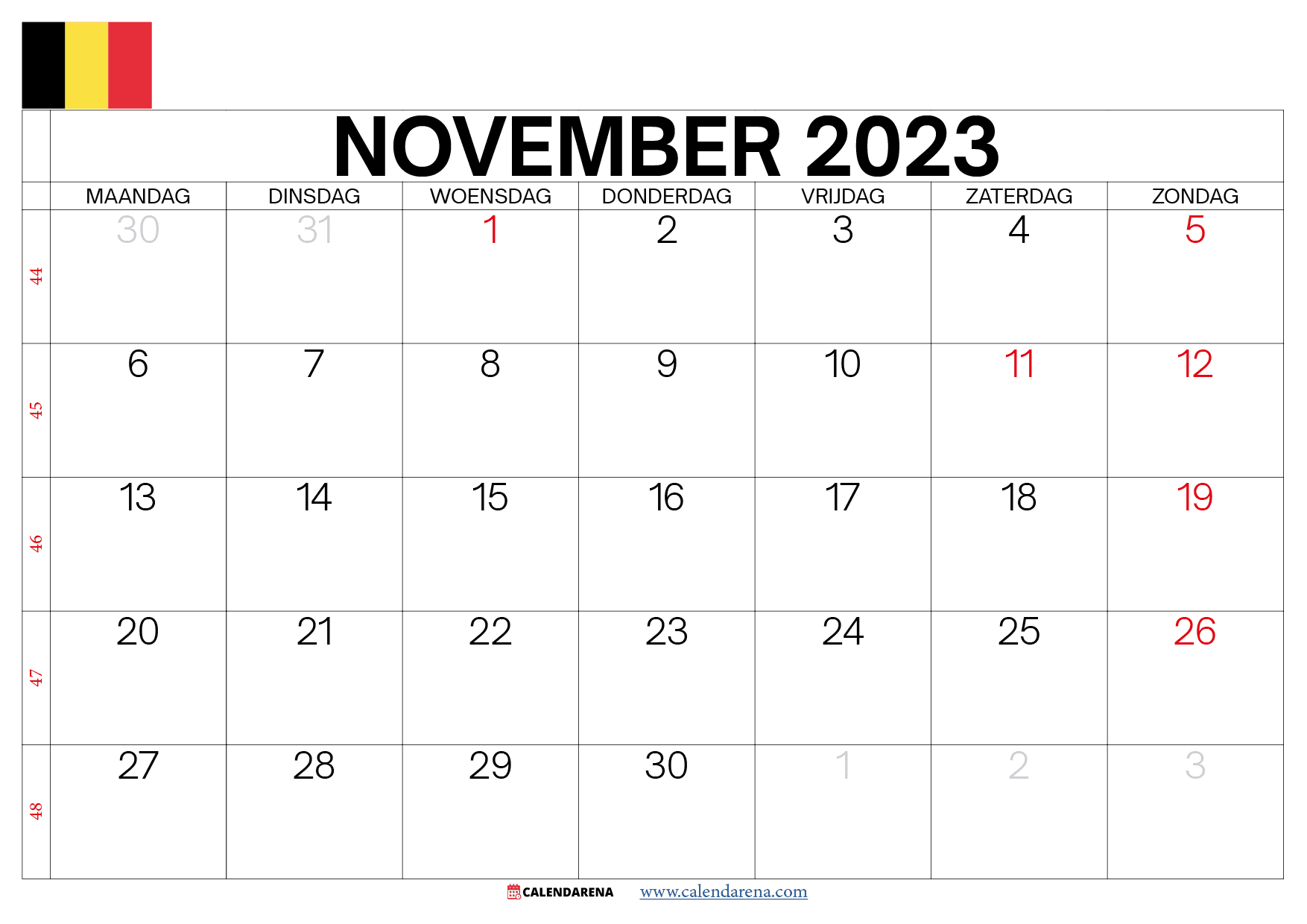 kalender november 2023 met weeknummers belgië