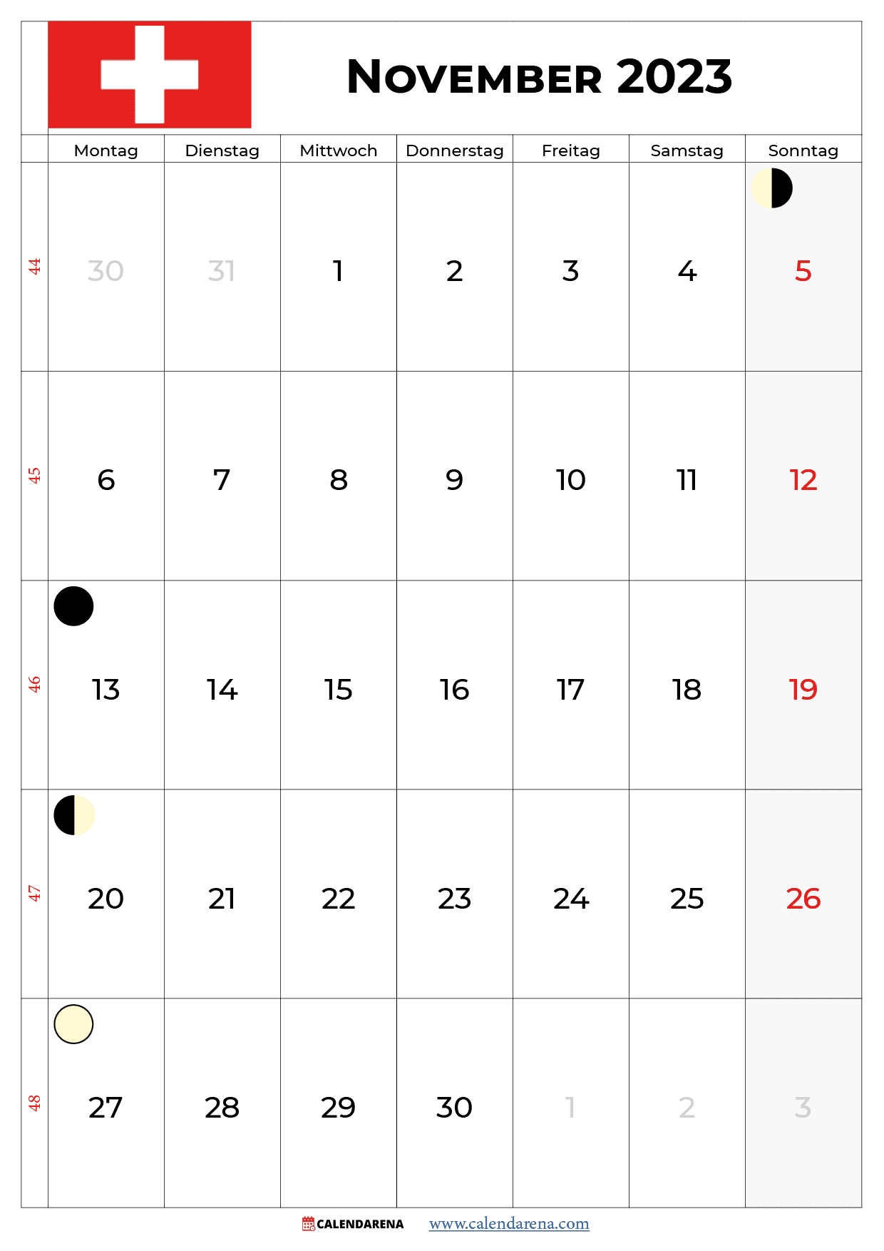 kalender november 2023 zum ausdrucken Schweiz