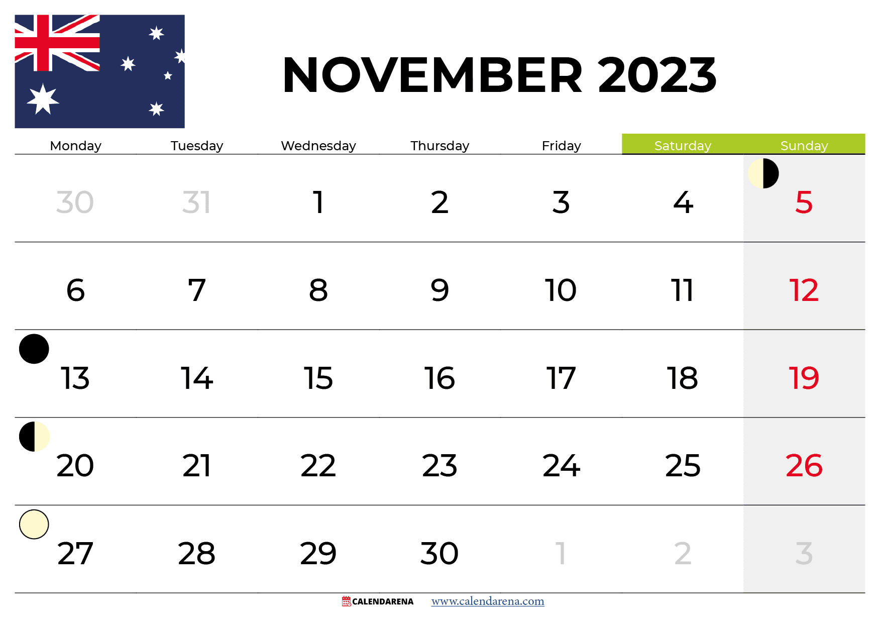 november 2023 calendar AUSTRALIA